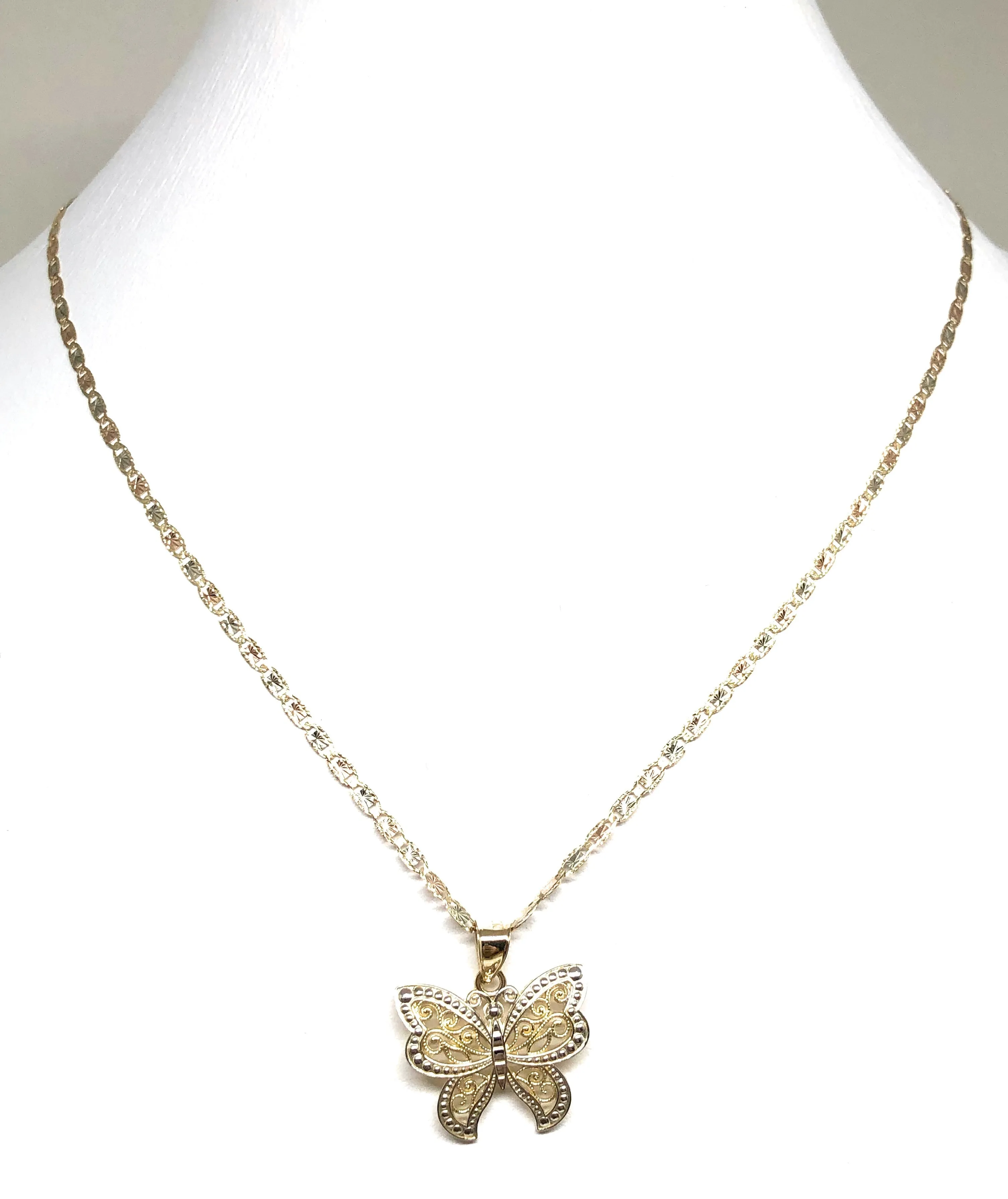 10k Solid Gold 2-Tone Butterfly Pendant Necklace Valentina Chain (SM, MED)