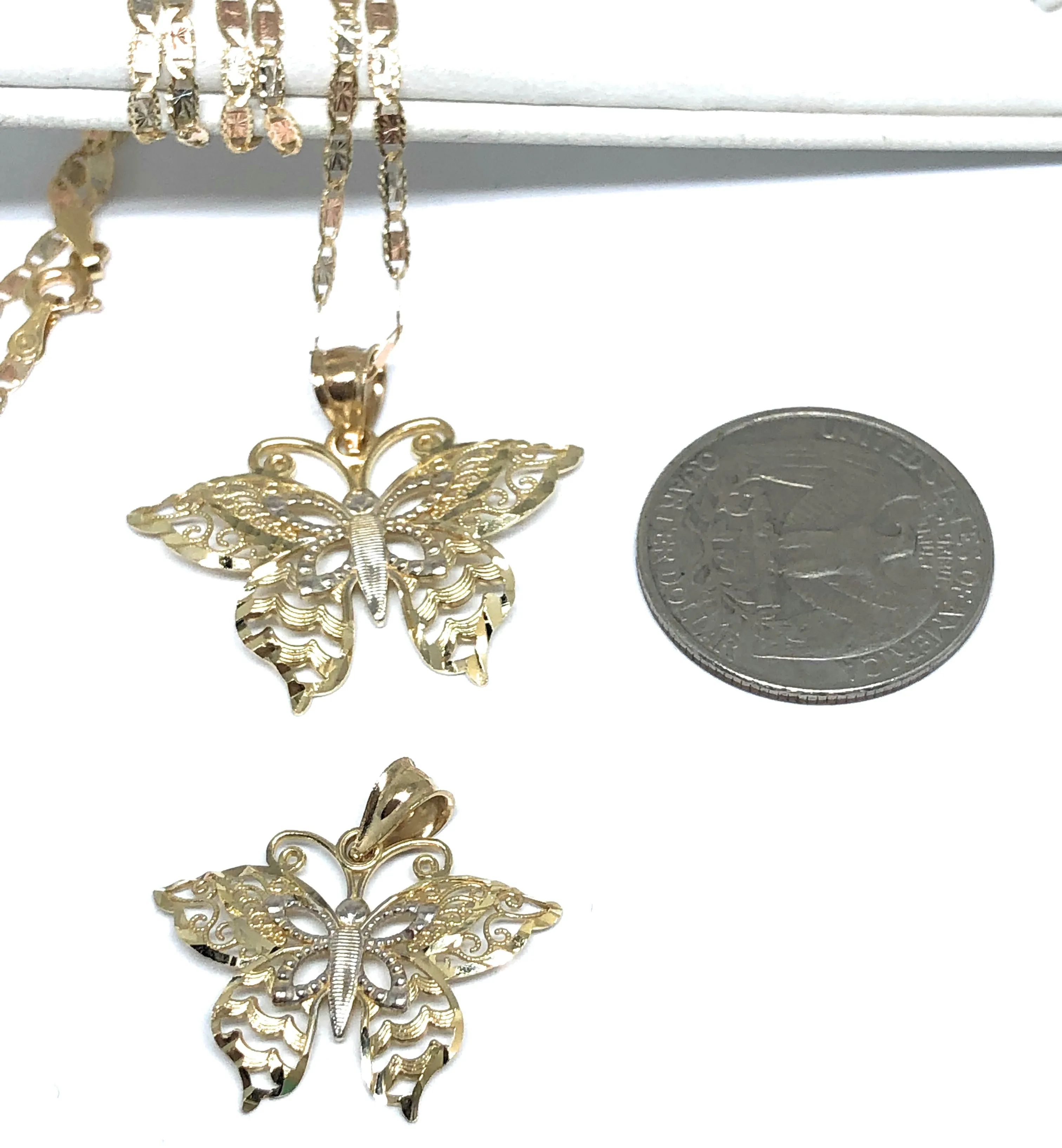 10k Solid Gold Butterfly Pendant Necklace Valentina Chain (SM, MED)