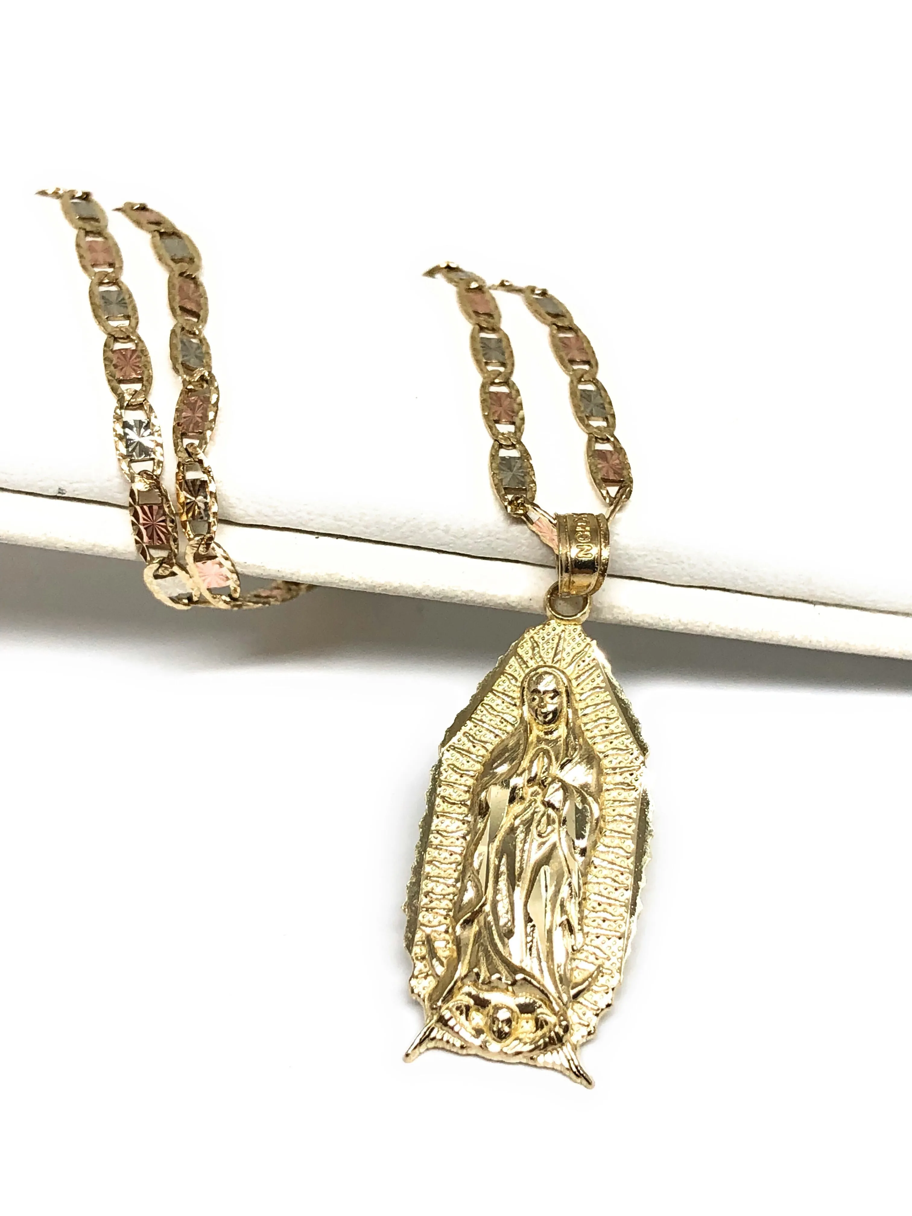 10k Solid Gold Classic Virrgin Mary Pendant Necklace Virrgen Gaudalupe Chain (MED, SM)