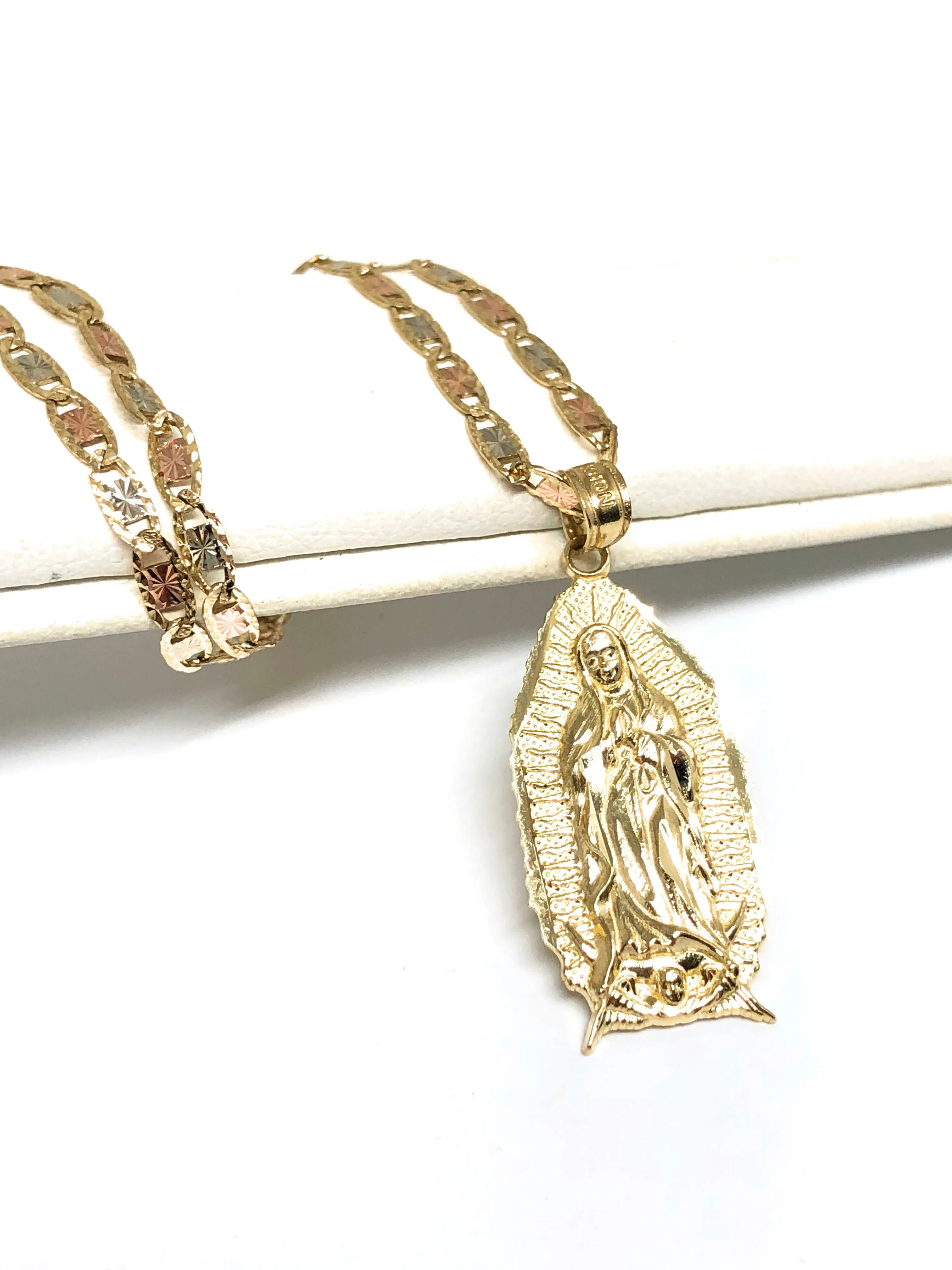 10k Solid Gold Classic Virrgin Mary Pendant Necklace Virrgen Gaudalupe Chain (MED, SM)