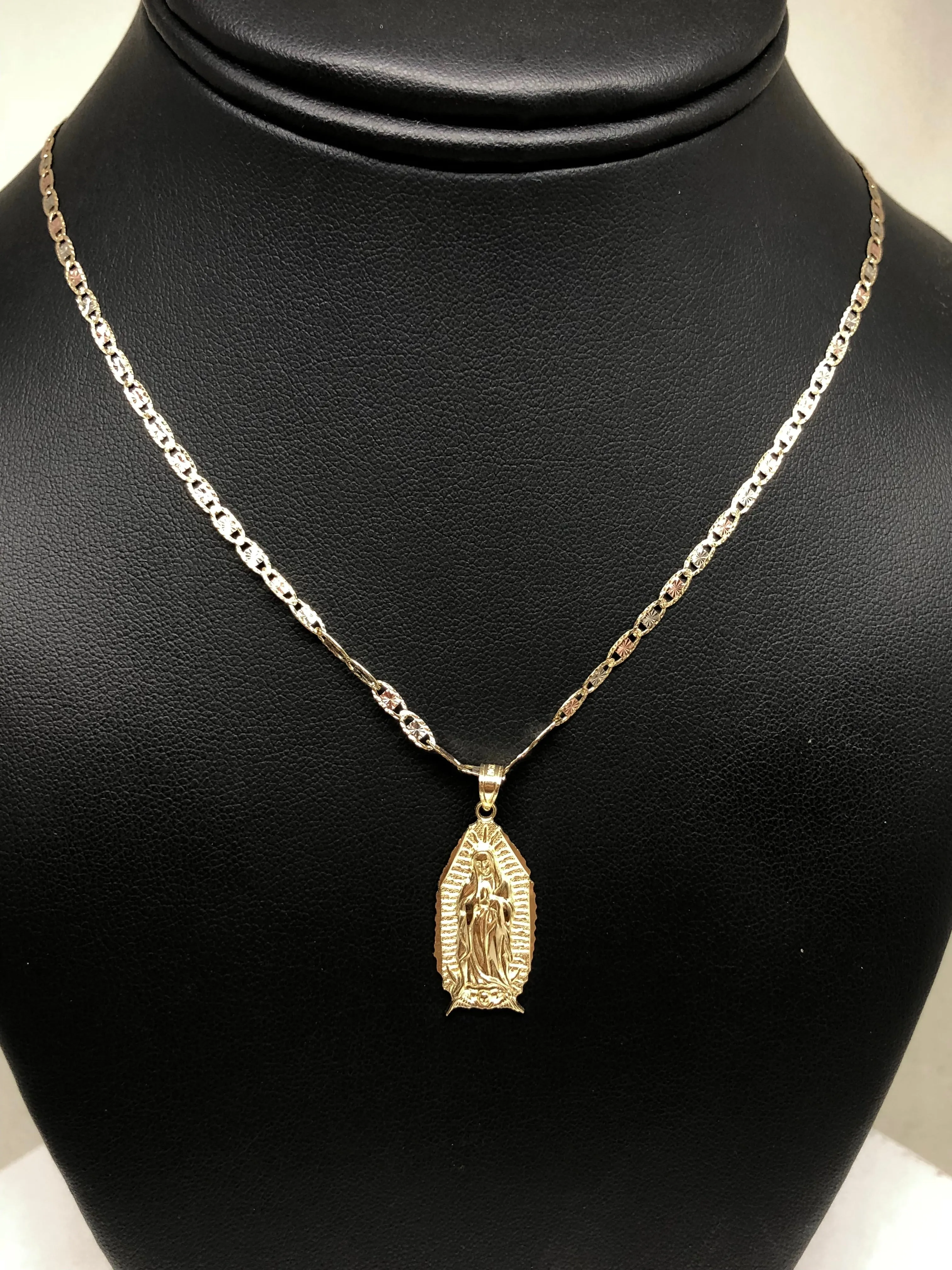 10k Solid Gold Classic Virrgin Mary Pendant Necklace Virrgen Gaudalupe Chain (MED, SM)