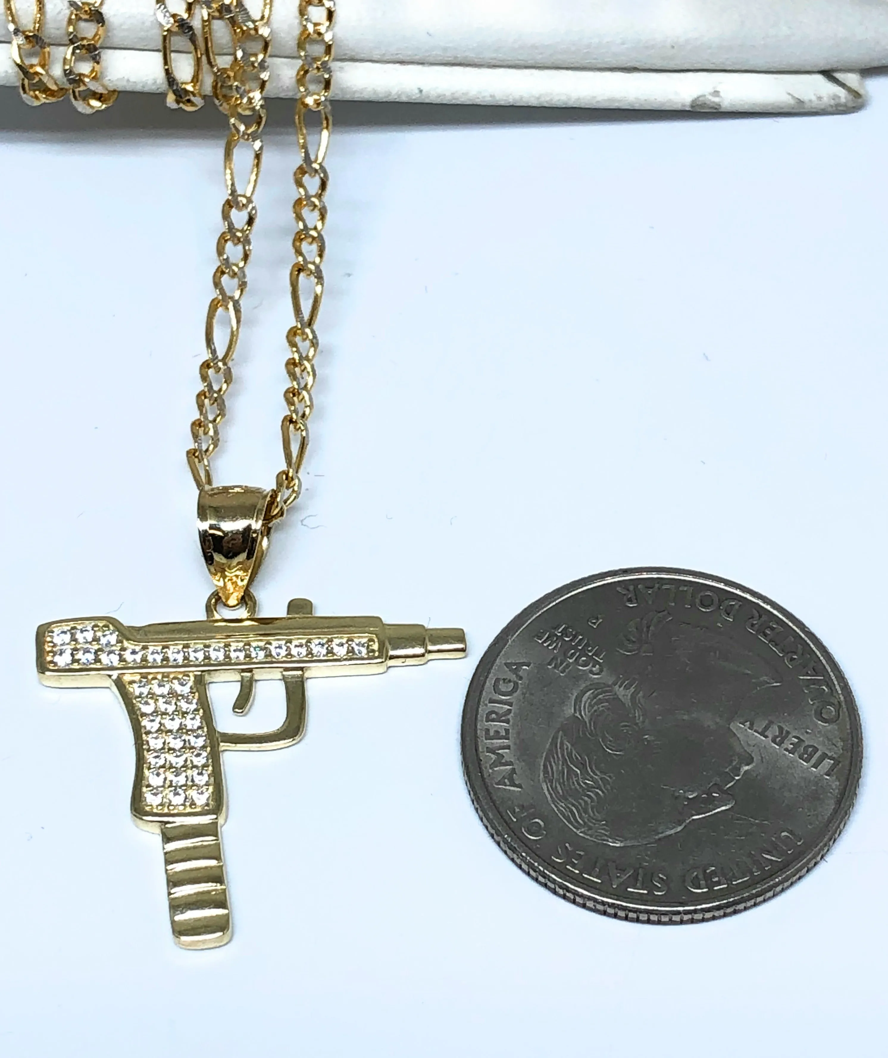 10k Solid Gold CZ UZI Pistol Pendant Necklace (MED, SM)