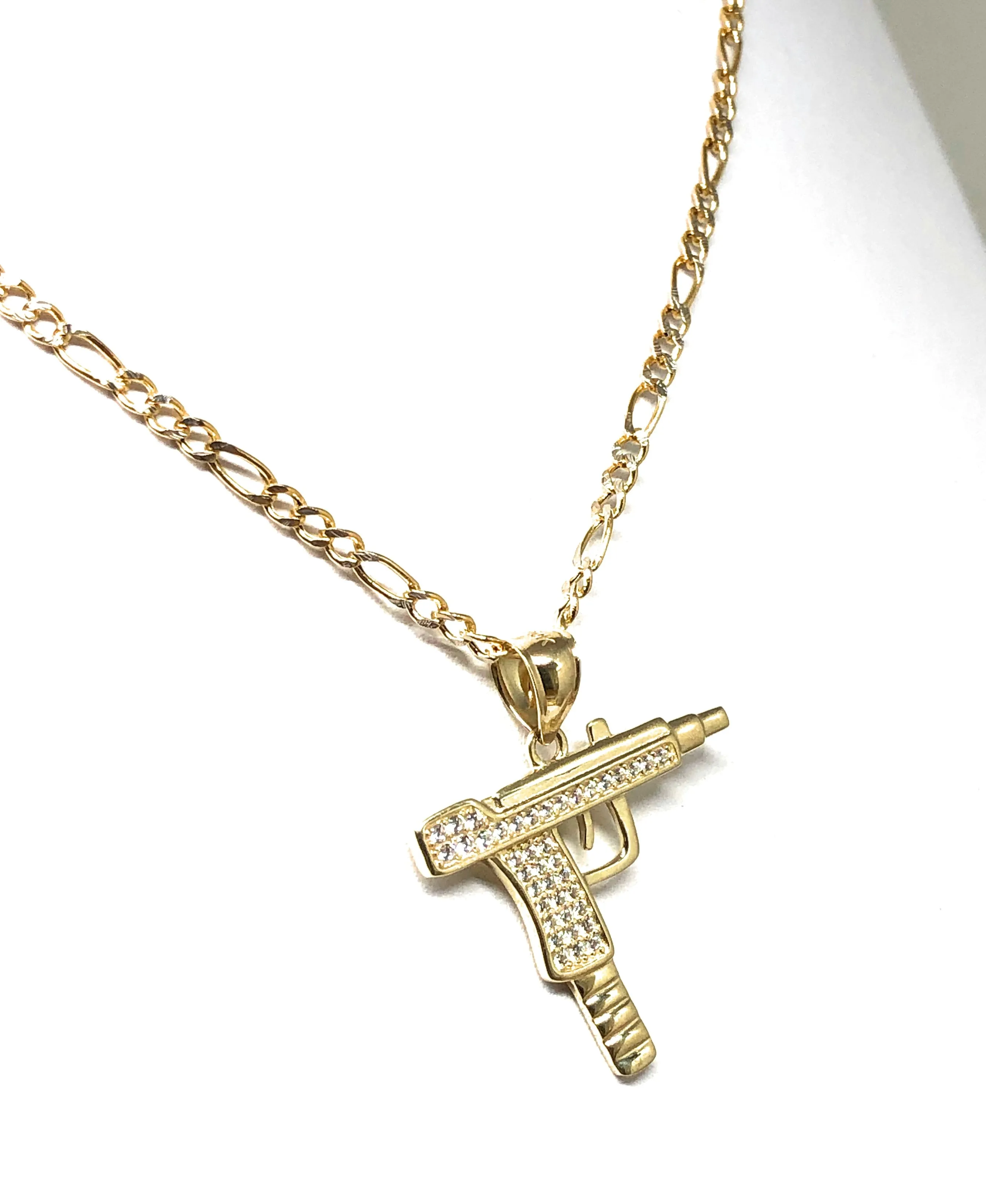 10k Solid Gold CZ UZI Pistol Pendant Necklace (MED, SM)