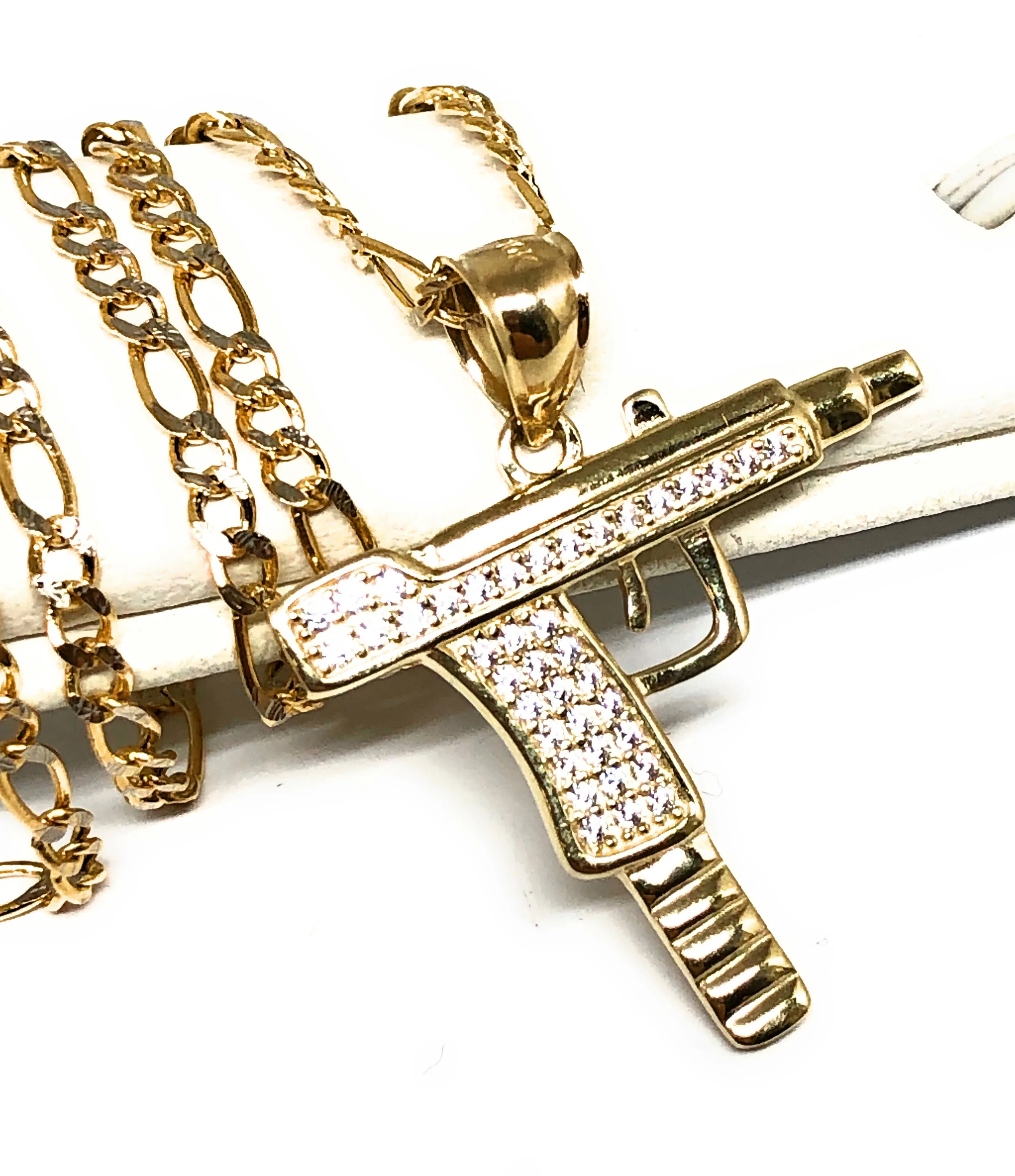 10k Solid Gold CZ UZI Pistol Pendant Necklace (MED, SM)