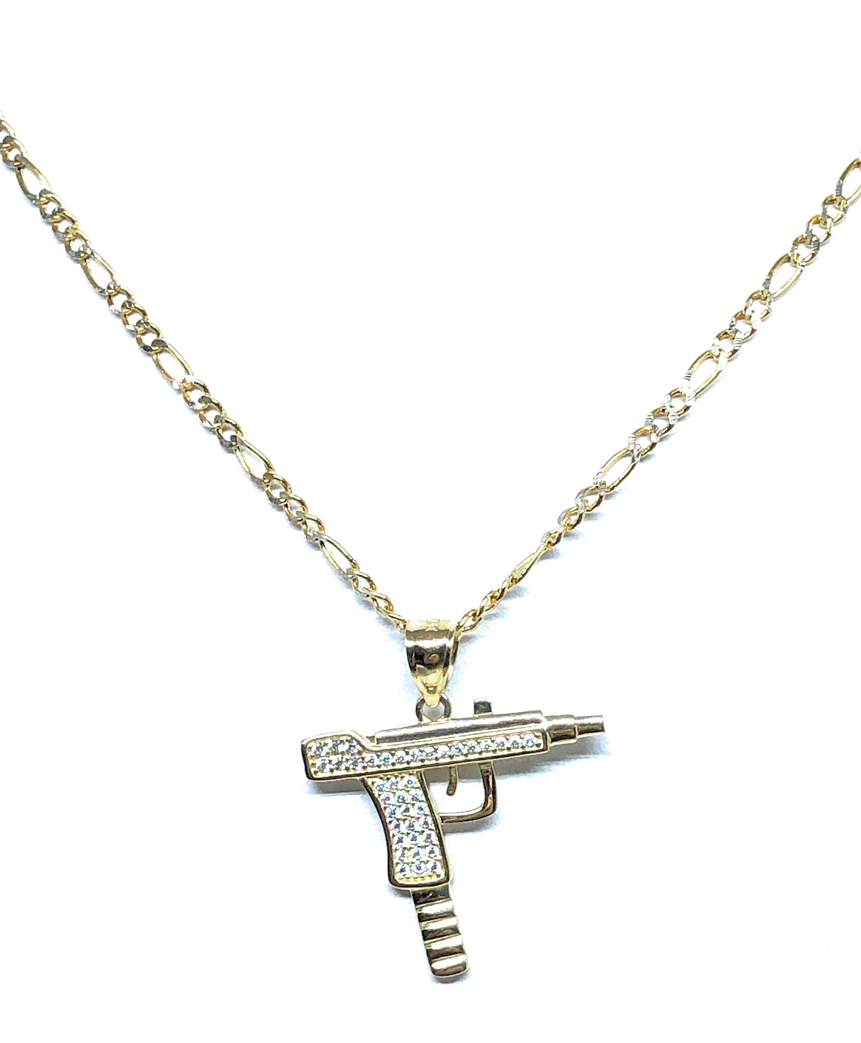 10k Solid Gold CZ UZI Pistol Pendant Necklace (MED, SM)