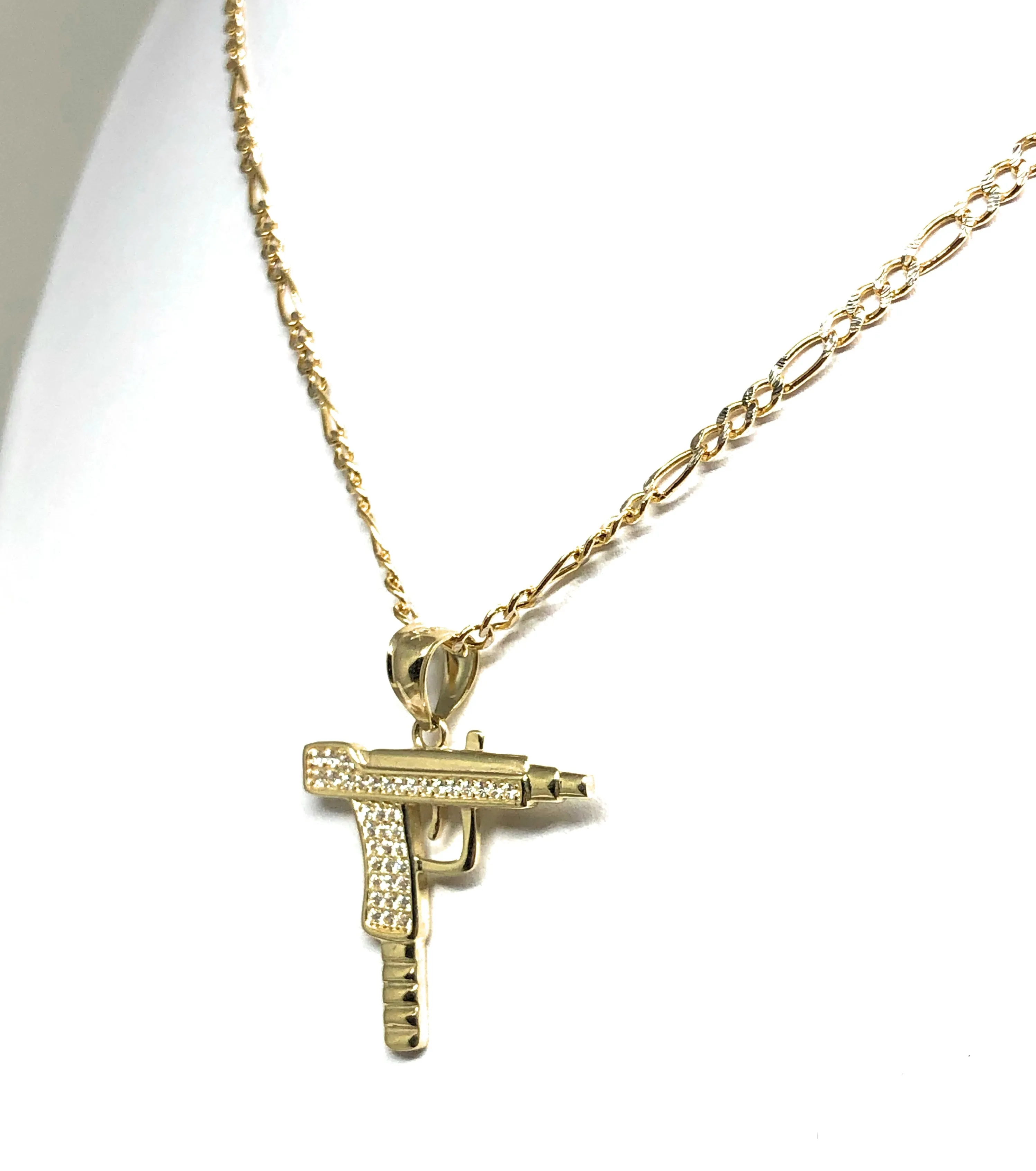 10k Solid Gold CZ UZI Pistol Pendant Necklace (MED, SM)