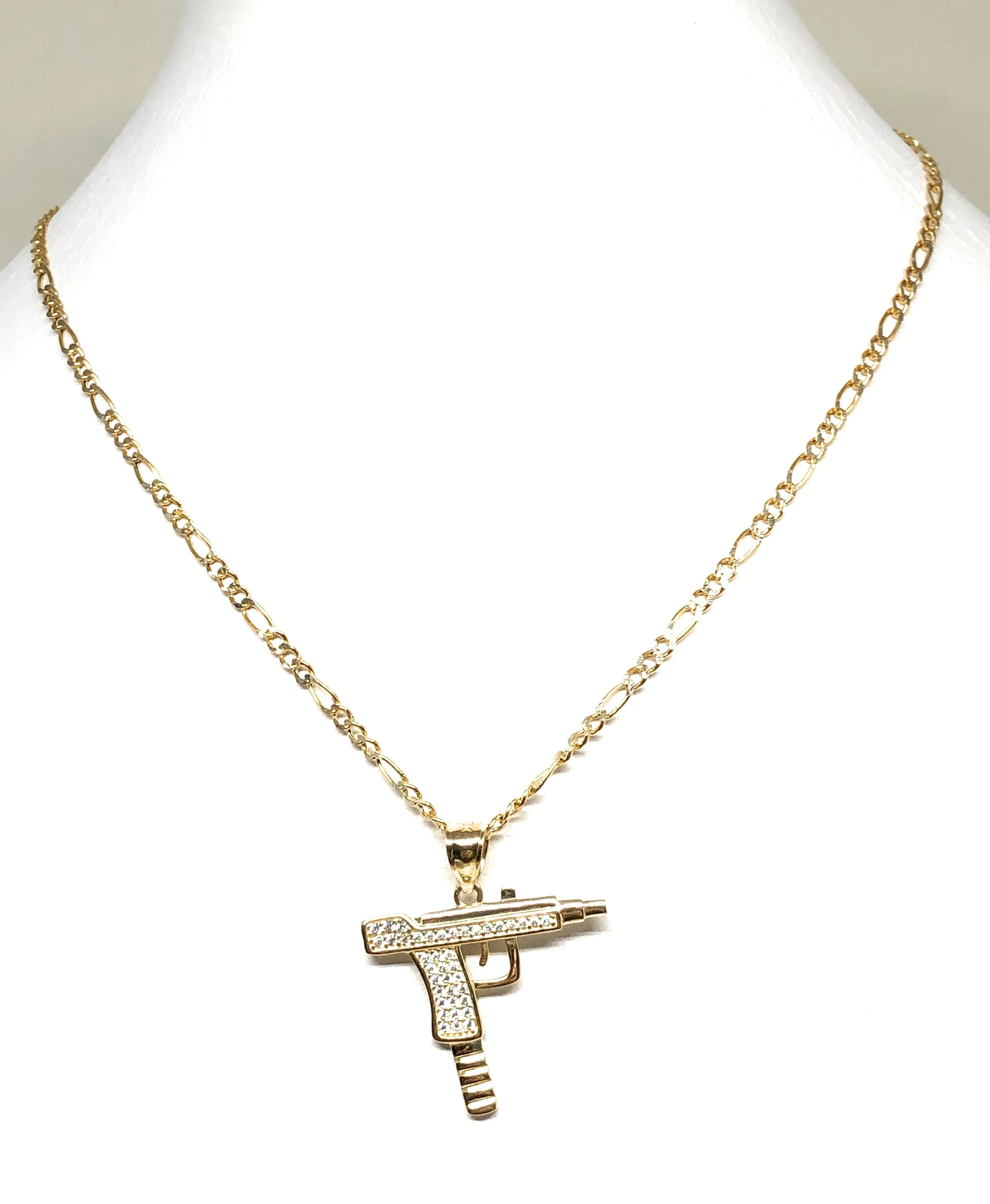 10k Solid Gold CZ UZI Pistol Pendant Necklace (MED, SM)