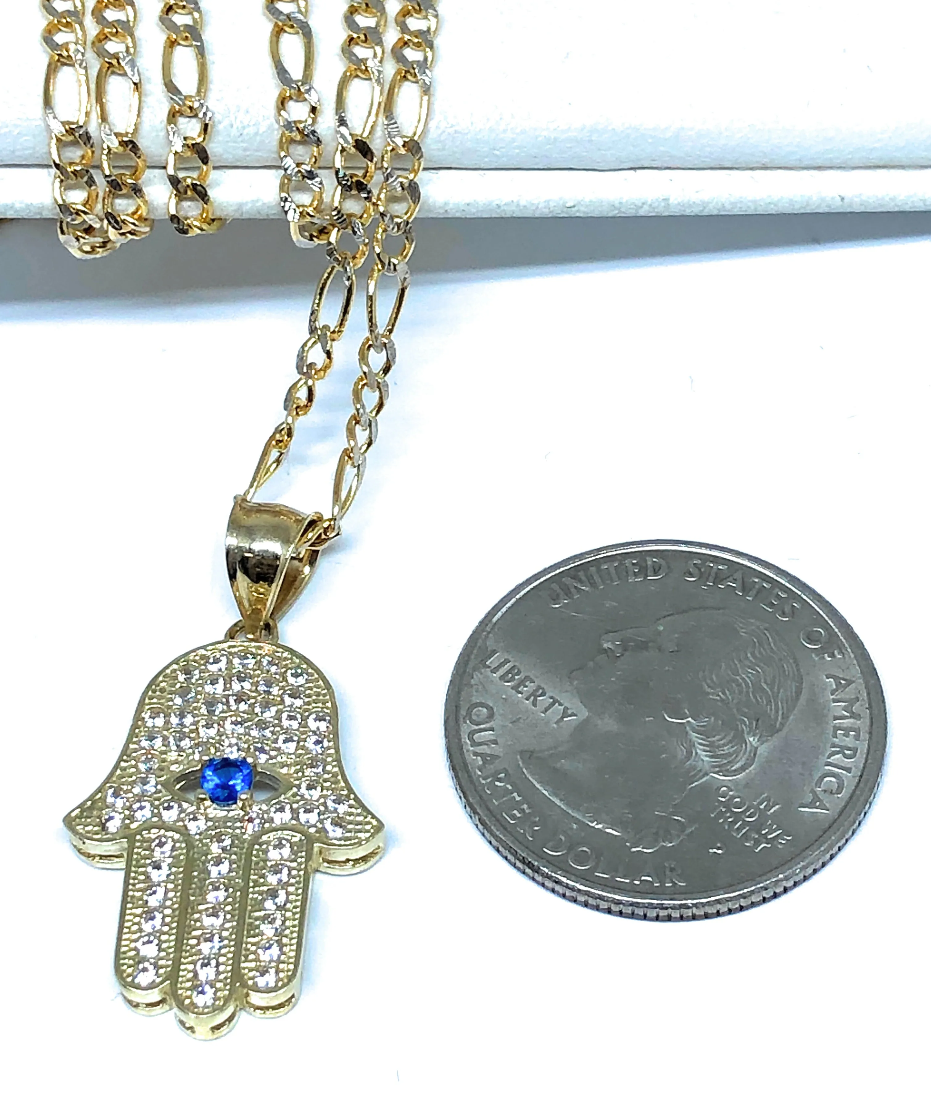 10k Solid Gold Hamsa Hand Pendant CZ Necklace Figaro Chain (SM, MED)