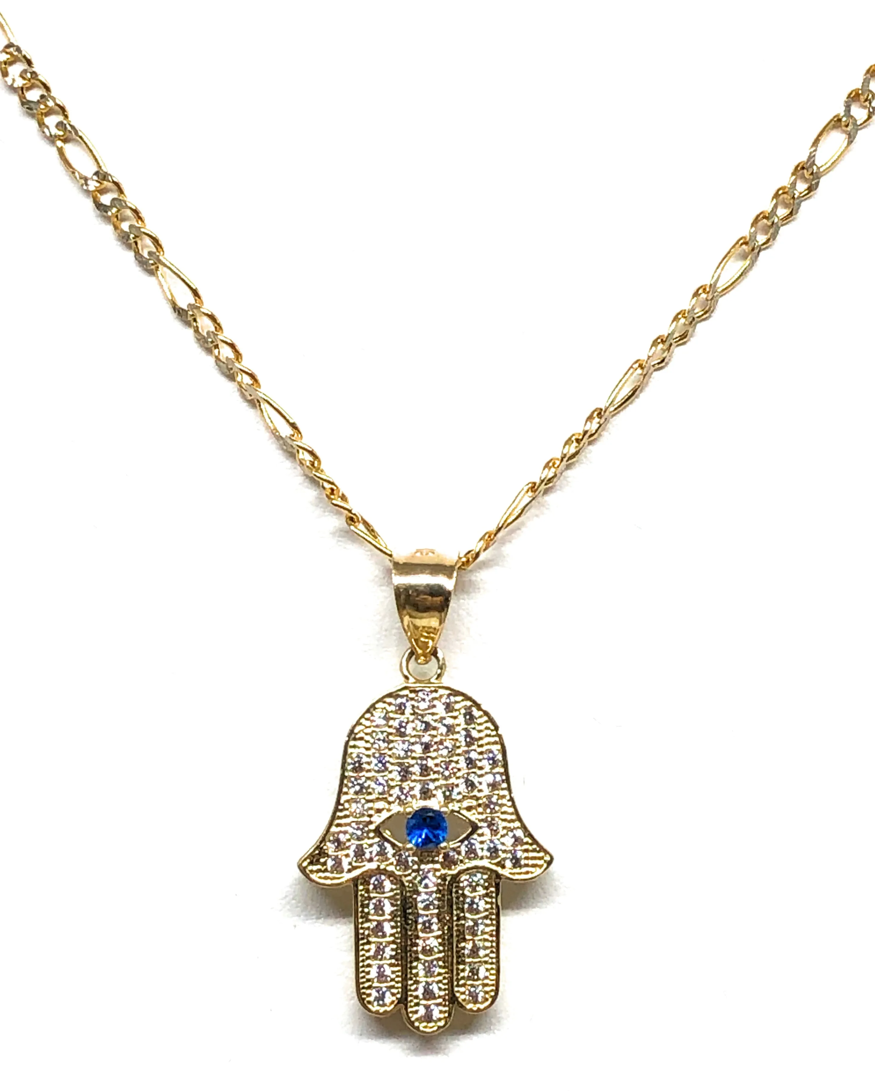 10k Solid Gold Hamsa Hand Pendant CZ Necklace Figaro Chain (SM, MED)