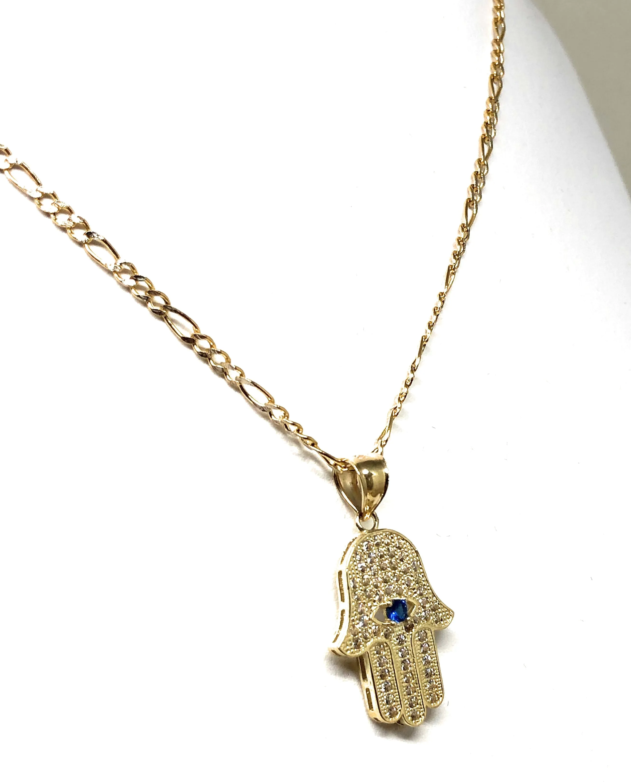 10k Solid Gold Hamsa Hand Pendant CZ Necklace Figaro Chain (SM, MED)