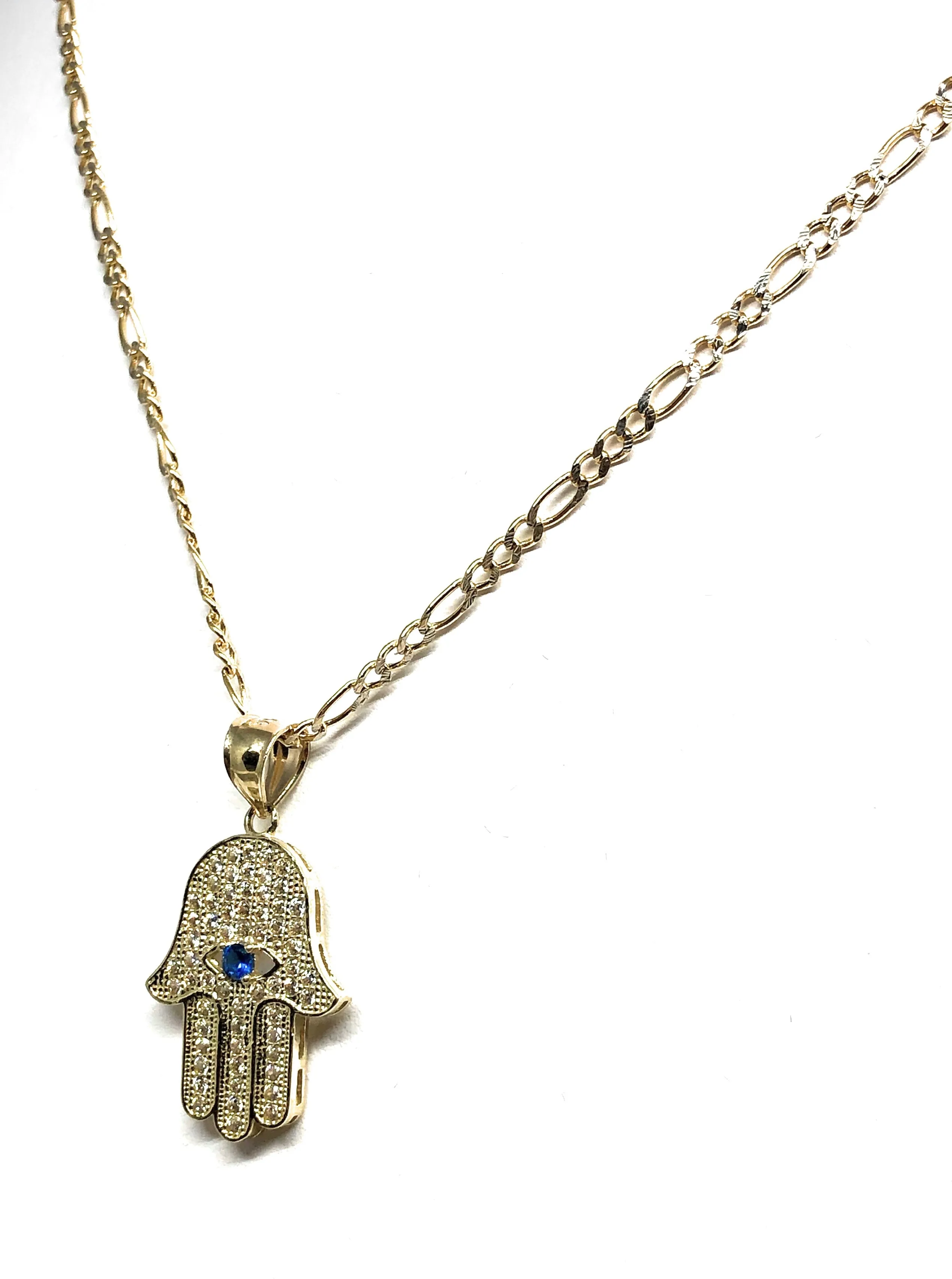 10k Solid Gold Hamsa Hand Pendant CZ Necklace Figaro Chain (SM, MED)