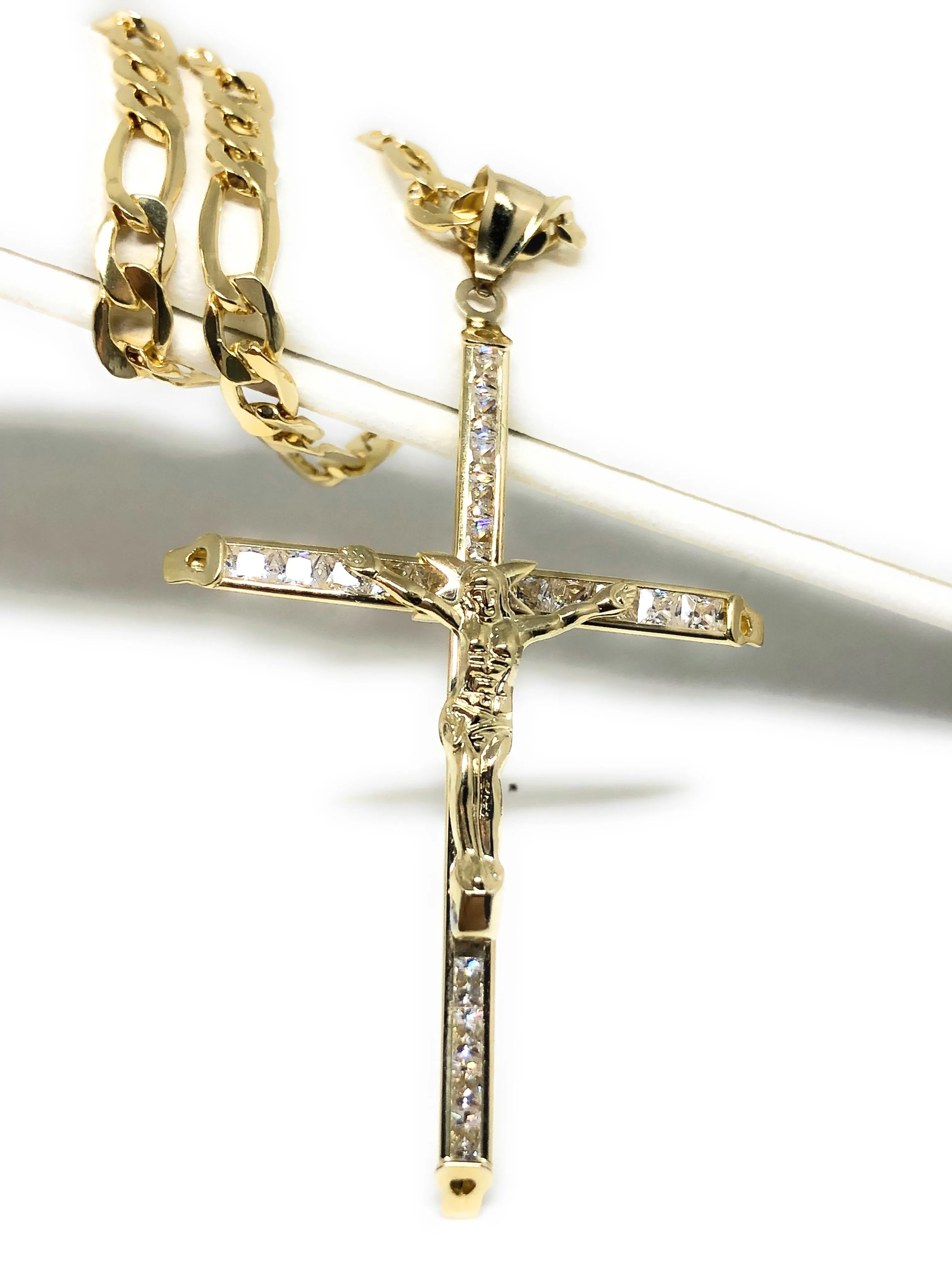 10k Solid Gold Jesus Cross Pendant Necklace Cubic Zirconia Crucifix with Chain (LG,MED,SM,XS)