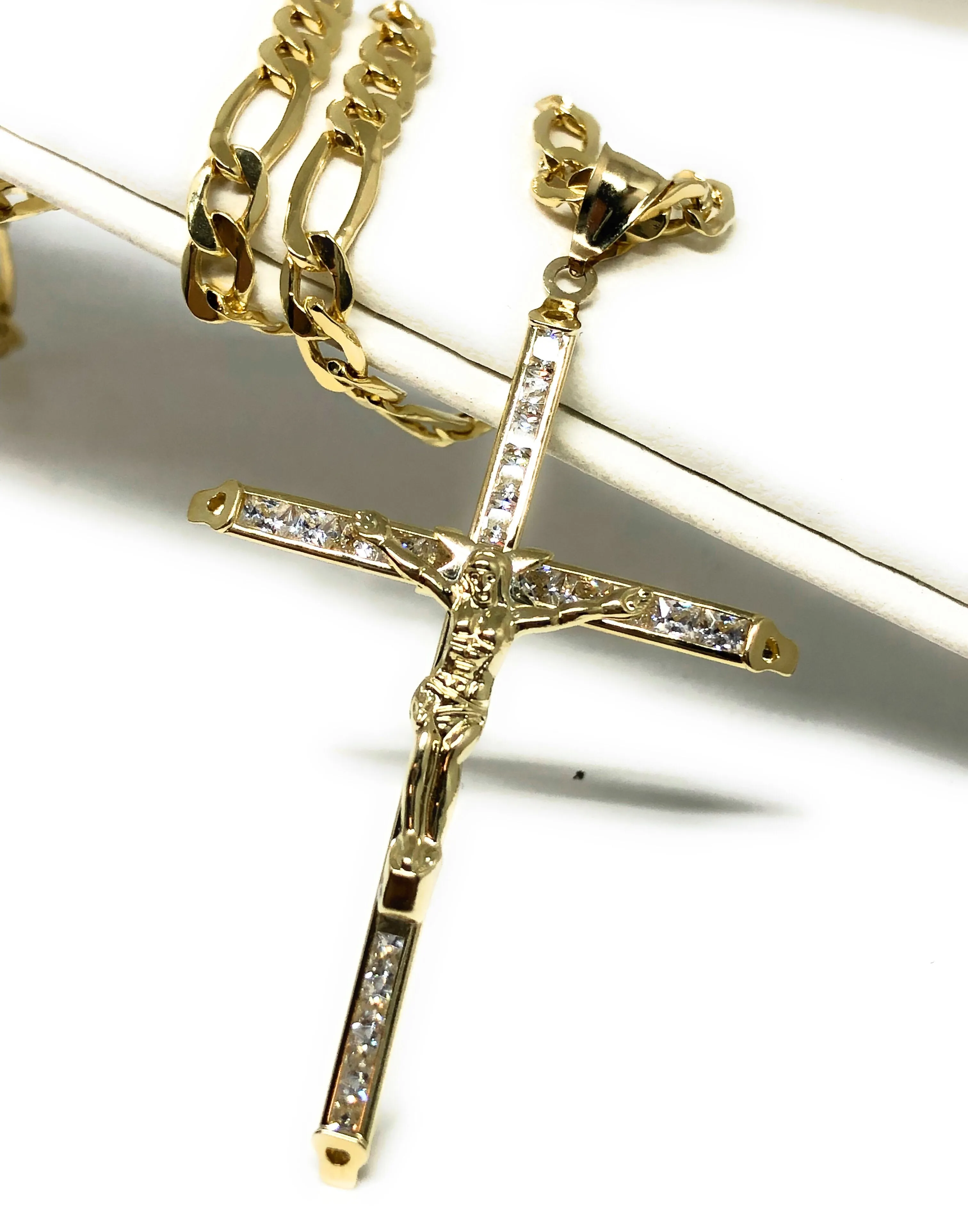 10k Solid Gold Jesus Cross Pendant Necklace Cubic Zirconia Crucifix with Chain (LG,MED,SM,XS)