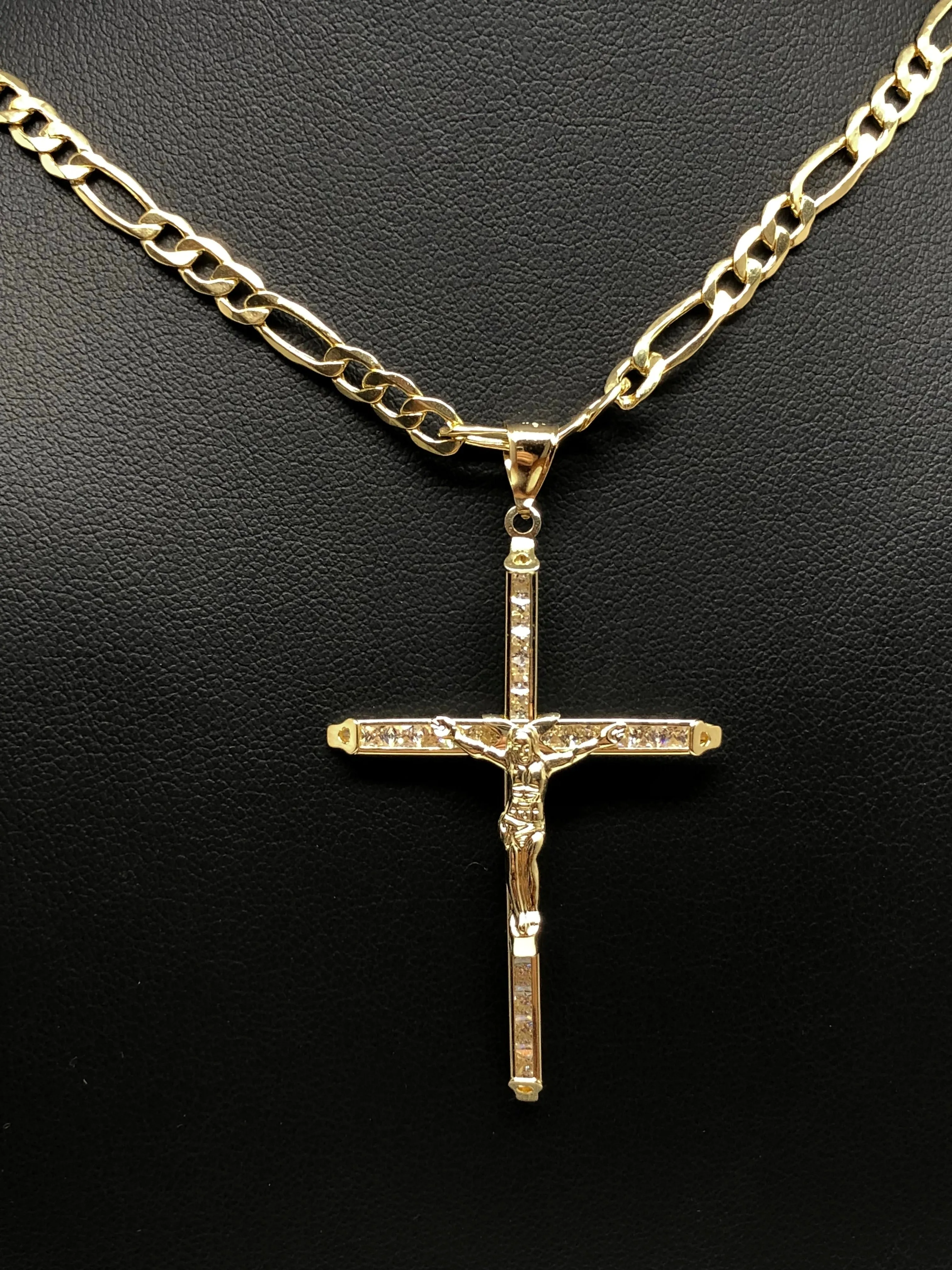 10k Solid Gold Jesus Cross Pendant Necklace Cubic Zirconia Crucifix with Chain (LG,MED,SM,XS)