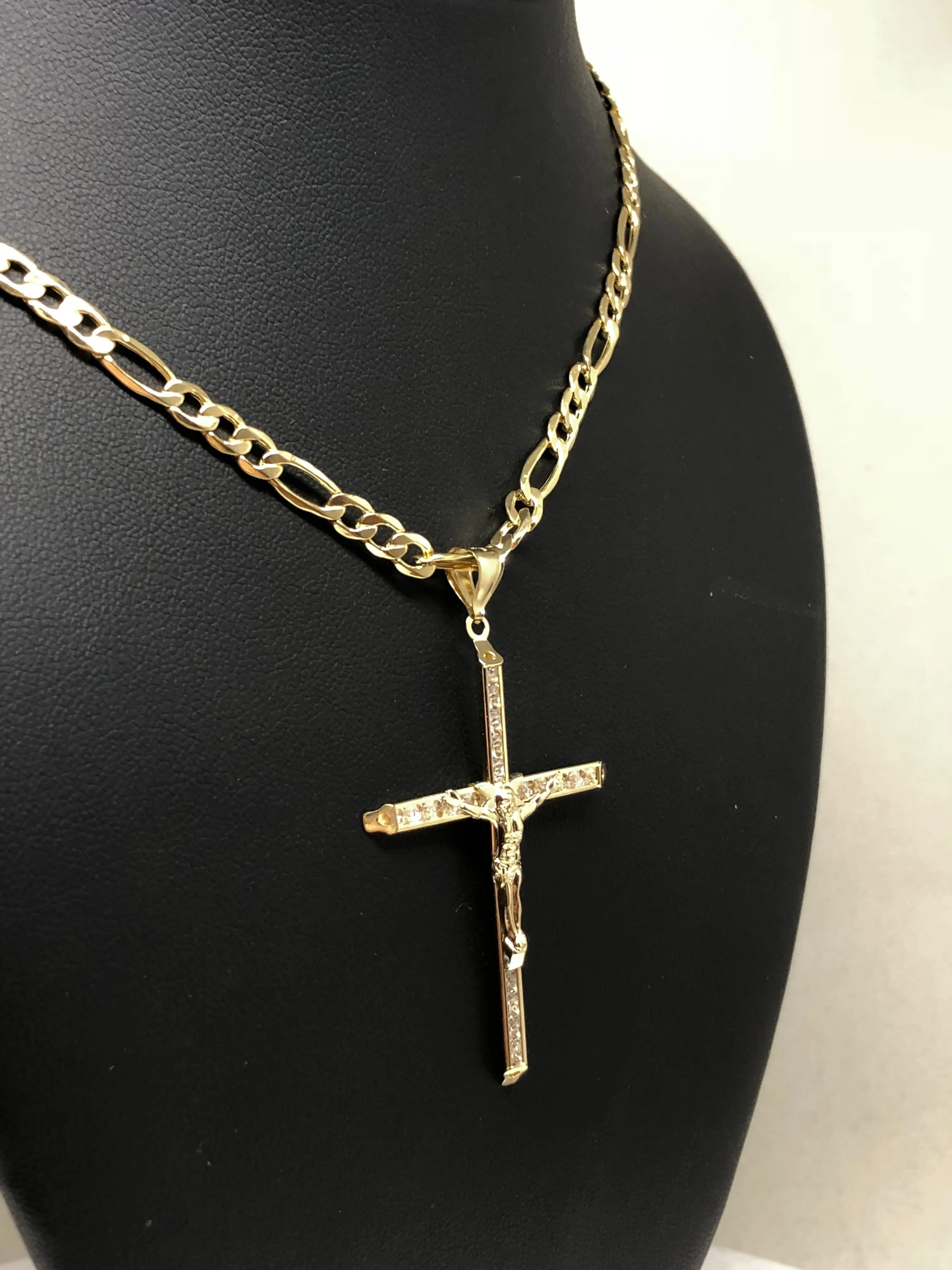 10k Solid Gold Jesus Cross Pendant Necklace Cubic Zirconia Crucifix with Chain (LG,MED,SM,XS)