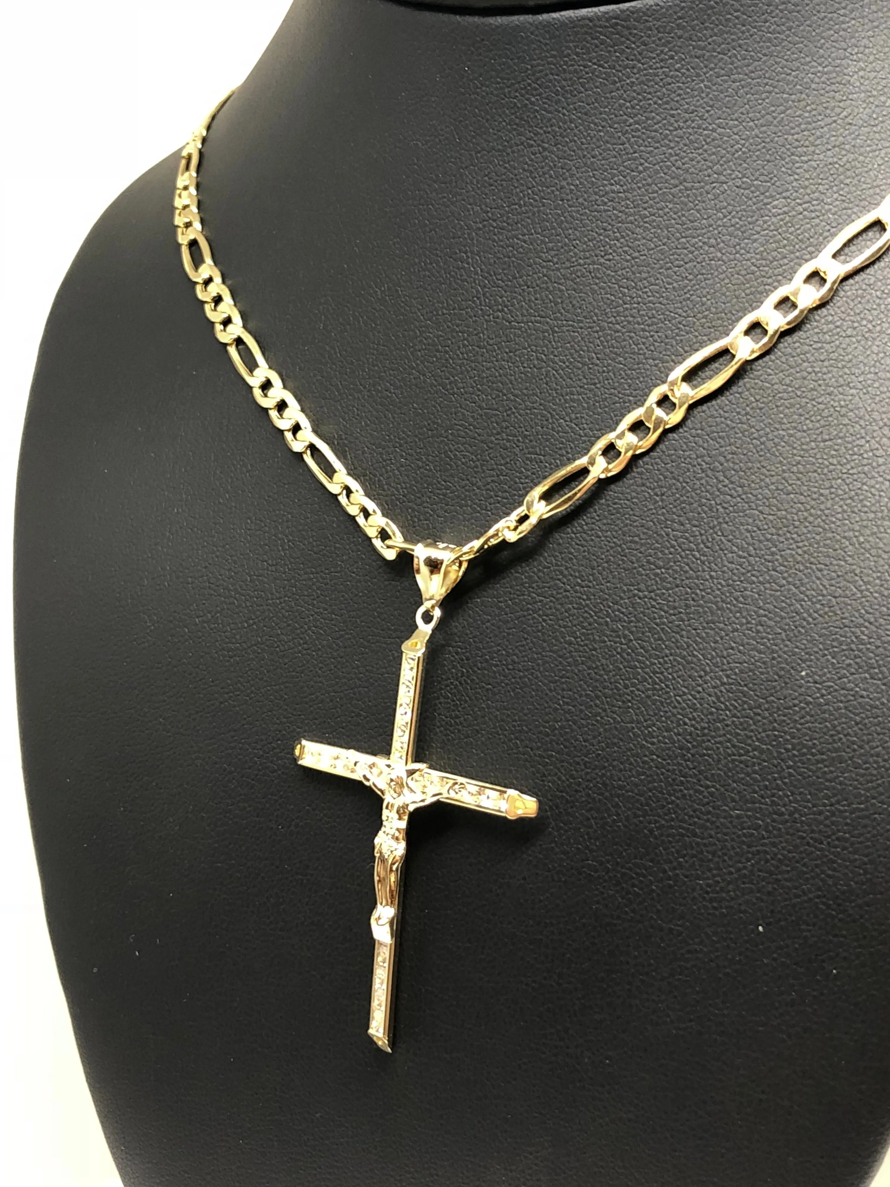 10k Solid Gold Jesus Cross Pendant Necklace Cubic Zirconia Crucifix with Chain (LG,MED,SM,XS)