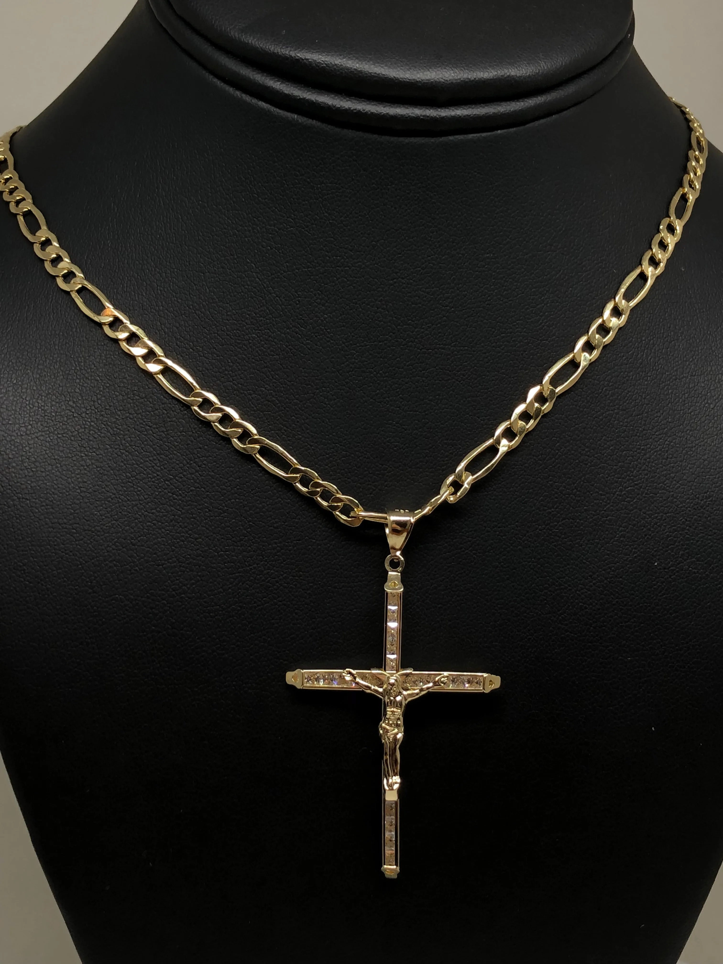 10k Solid Gold Jesus Cross Pendant Necklace Cubic Zirconia Crucifix with Chain (LG,MED,SM,XS)