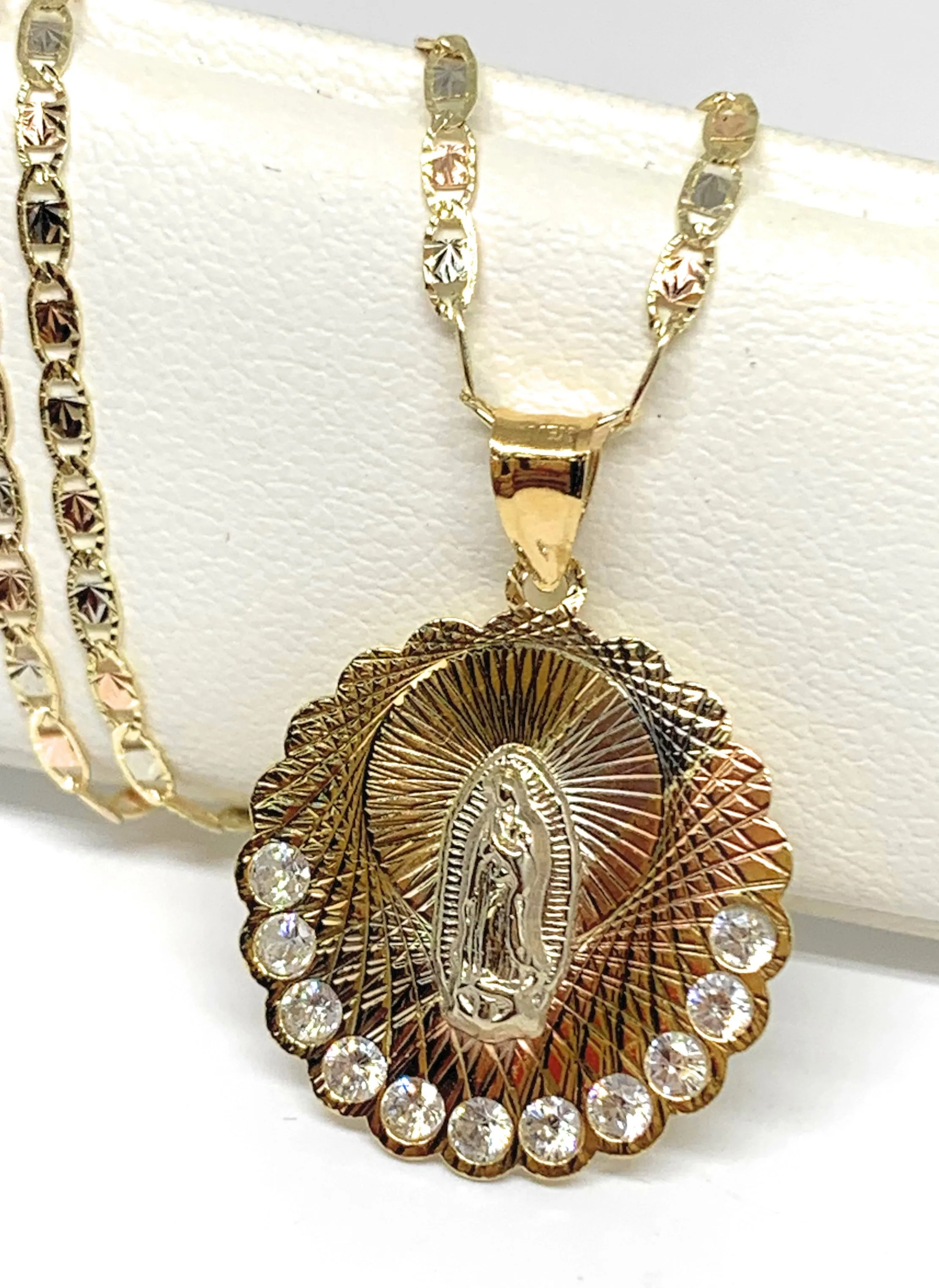 10k Solid Gold Tri-Color Virrgin Mary Pendant Necklace W/ Cubic Zirconia Virrgen Gaudalupe Valentina Chain (MED,SM)