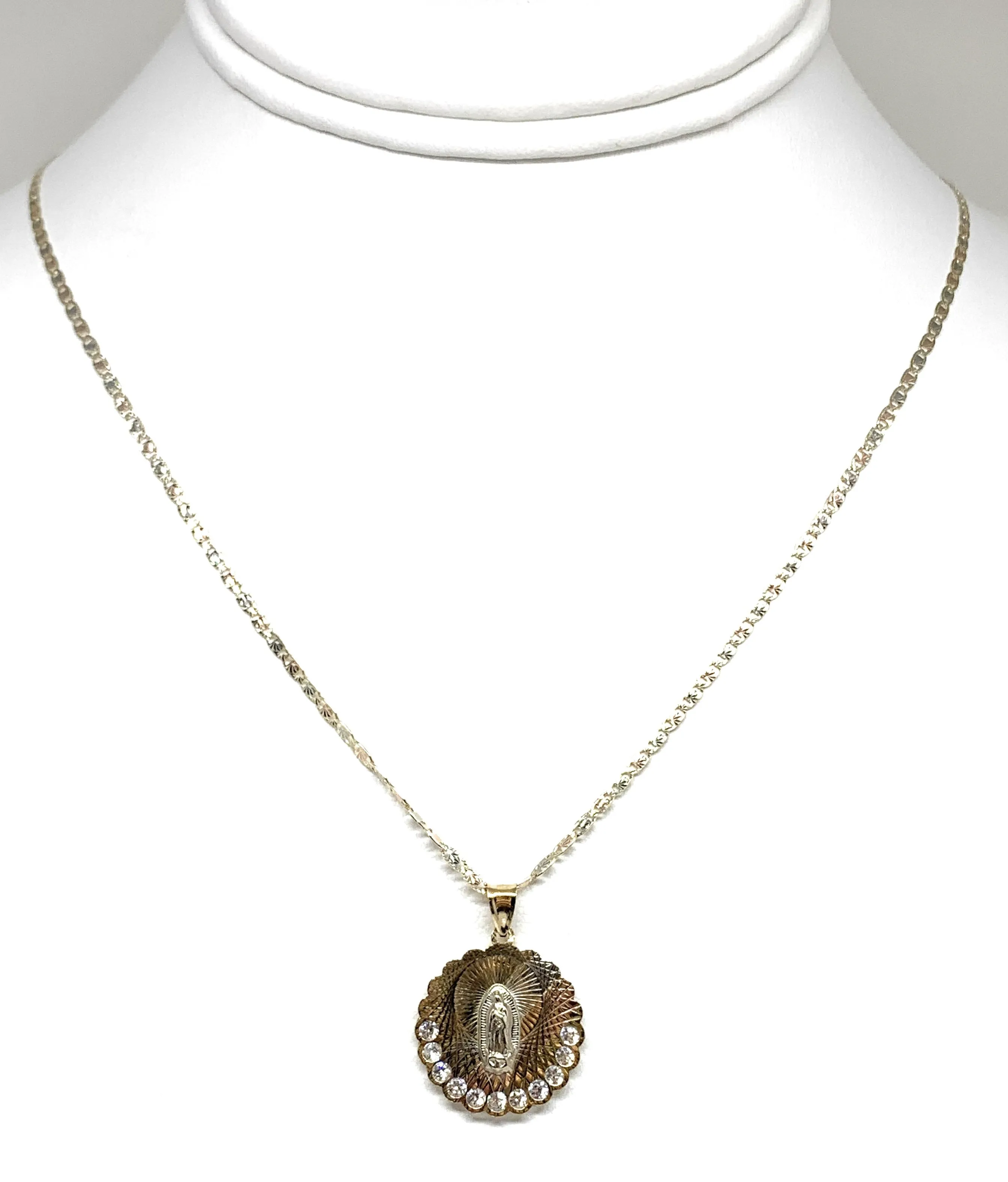 10k Solid Gold Tri-Color Virrgin Mary Pendant Necklace W/ Cubic Zirconia Virrgen Gaudalupe Valentina Chain (MED,SM)