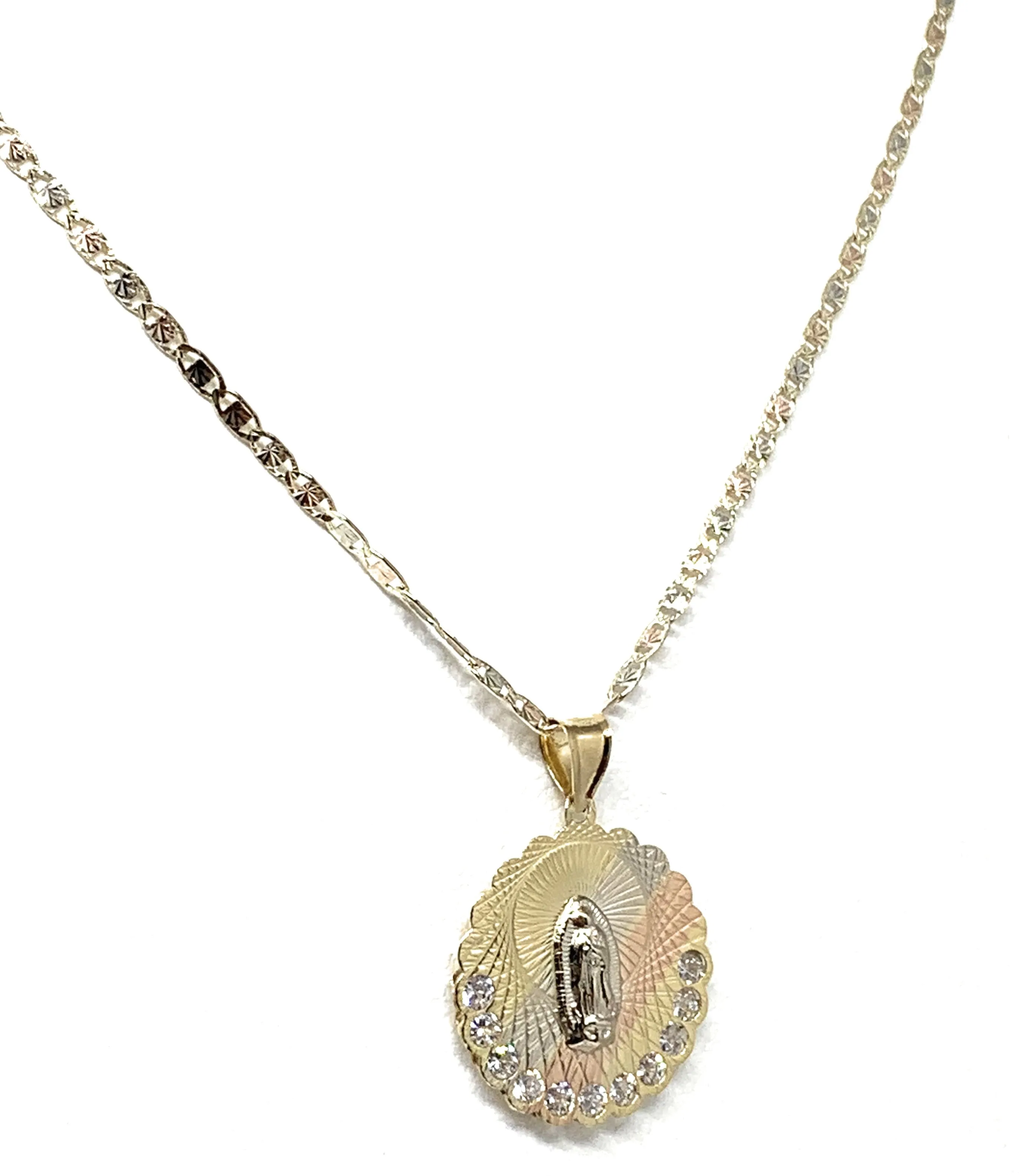 10k Solid Gold Tri-Color Virrgin Mary Pendant Necklace W/ Cubic Zirconia Virrgen Gaudalupe Valentina Chain (MED,SM)