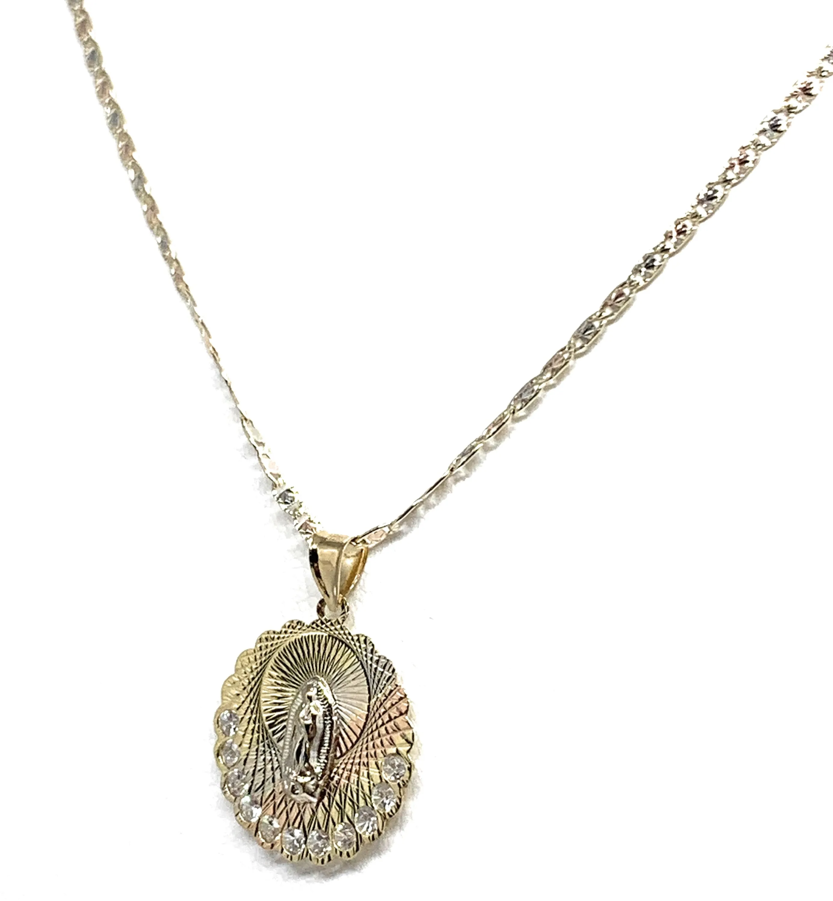 10k Solid Gold Tri-Color Virrgin Mary Pendant Necklace W/ Cubic Zirconia Virrgen Gaudalupe Valentina Chain (MED,SM)