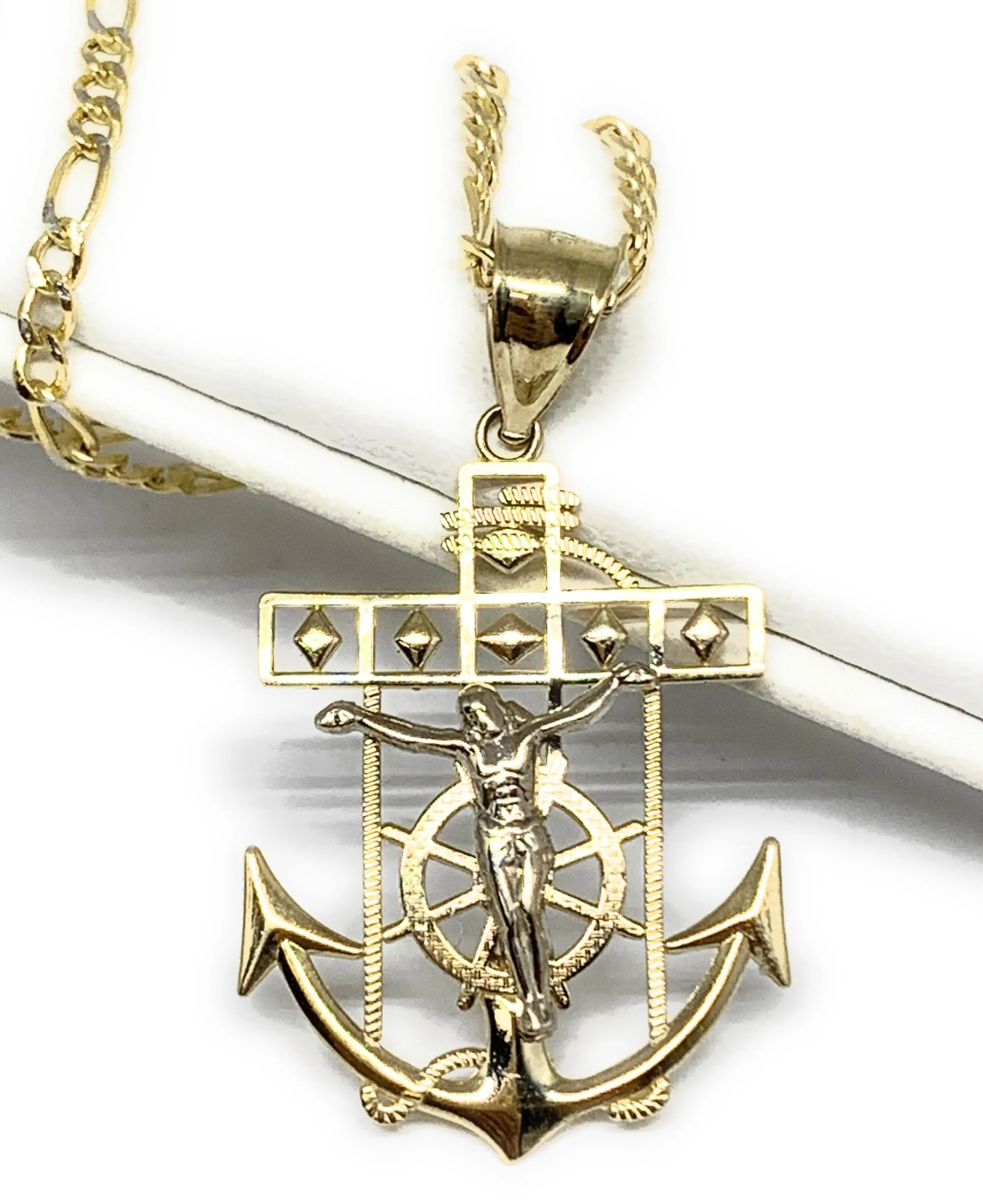 10k Solid Gold Yellow 2-Tone Anchor Jesus Crucifix Ancla Cristo Pendant Necklace (MED, SM)