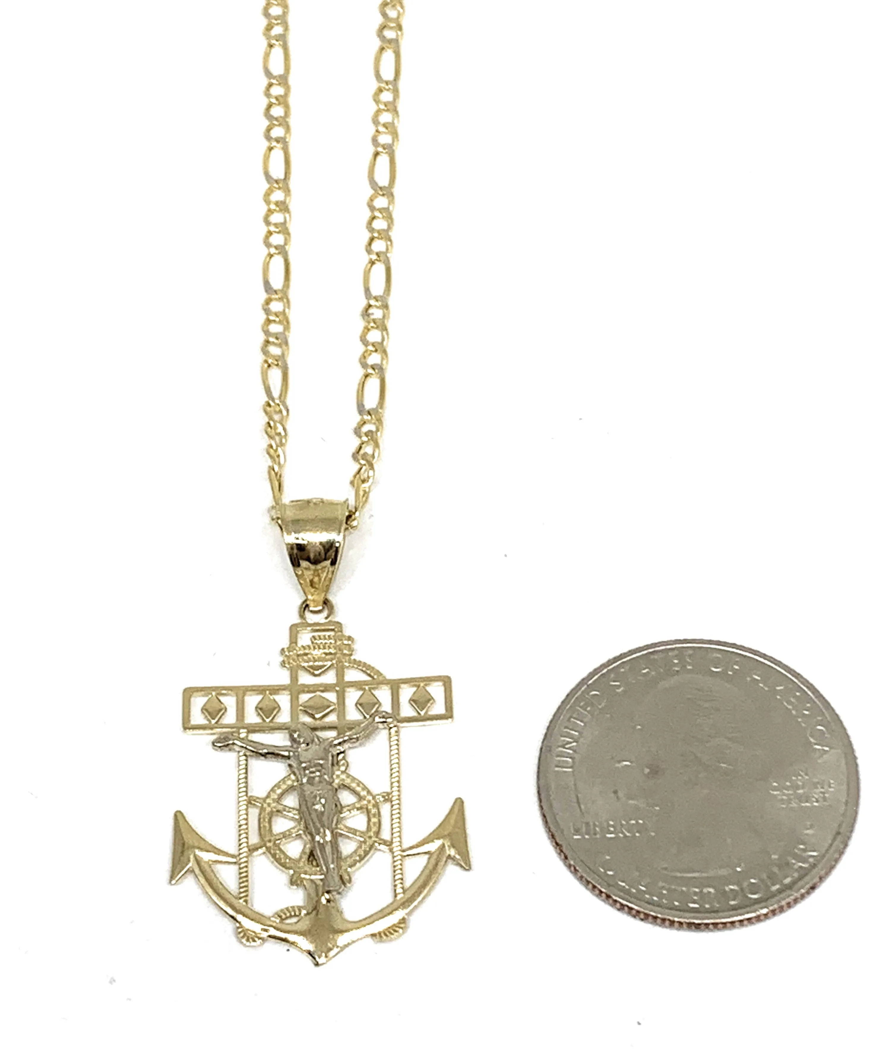 10k Solid Gold Yellow 2-Tone Anchor Jesus Crucifix Ancla Cristo Pendant Necklace (MED, SM)