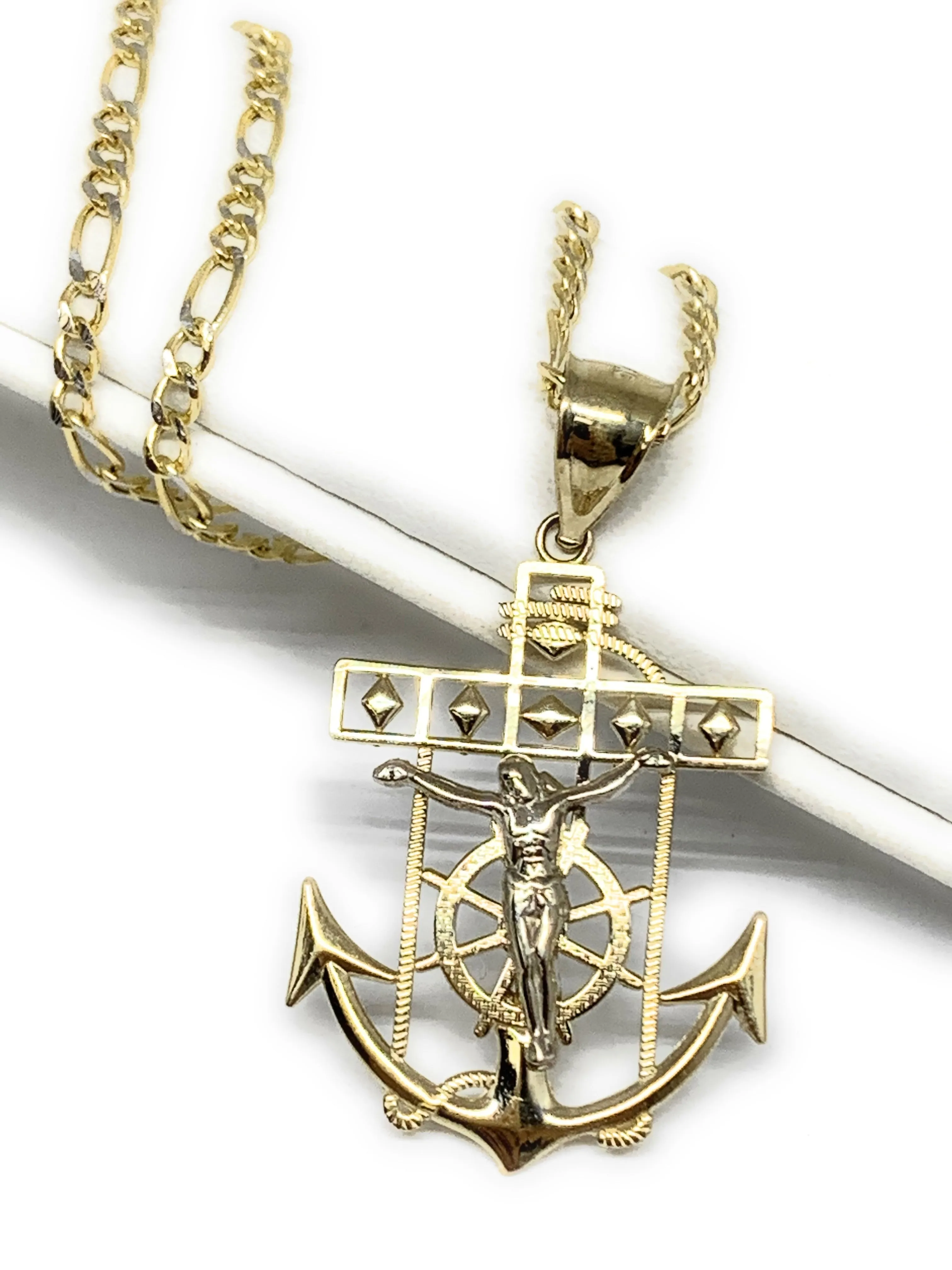 10k Solid Gold Yellow 2-Tone Anchor Jesus Crucifix Ancla Cristo Pendant Necklace (MED, SM)