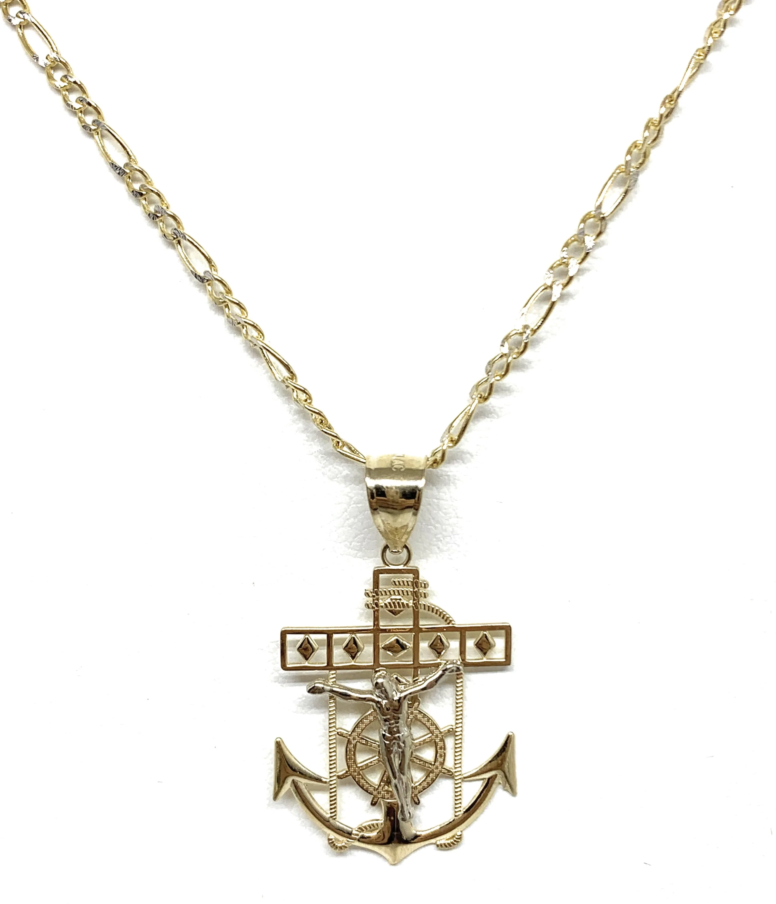 10k Solid Gold Yellow 2-Tone Anchor Jesus Crucifix Ancla Cristo Pendant Necklace (MED, SM)