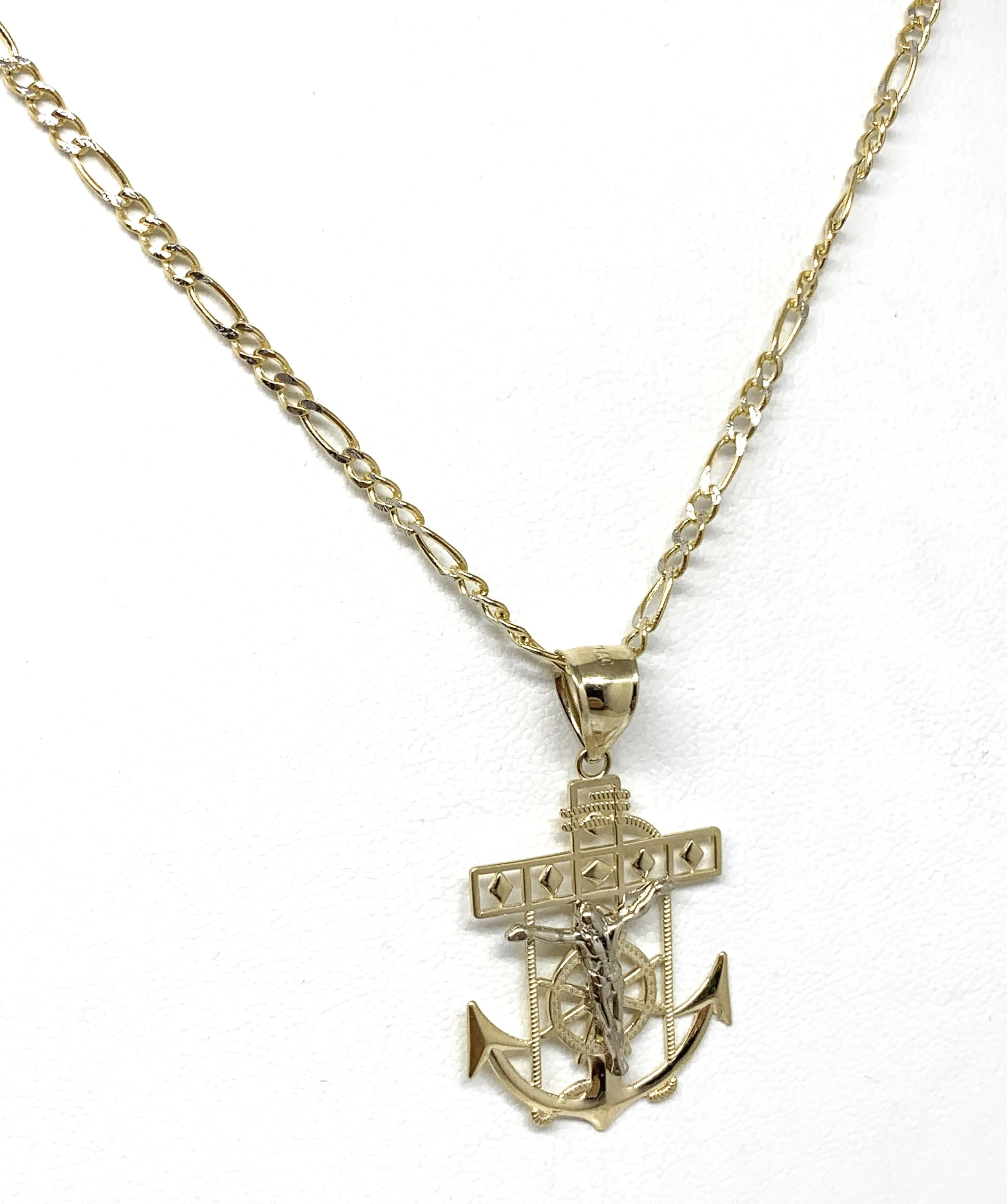 10k Solid Gold Yellow 2-Tone Anchor Jesus Crucifix Ancla Cristo Pendant Necklace (MED, SM)