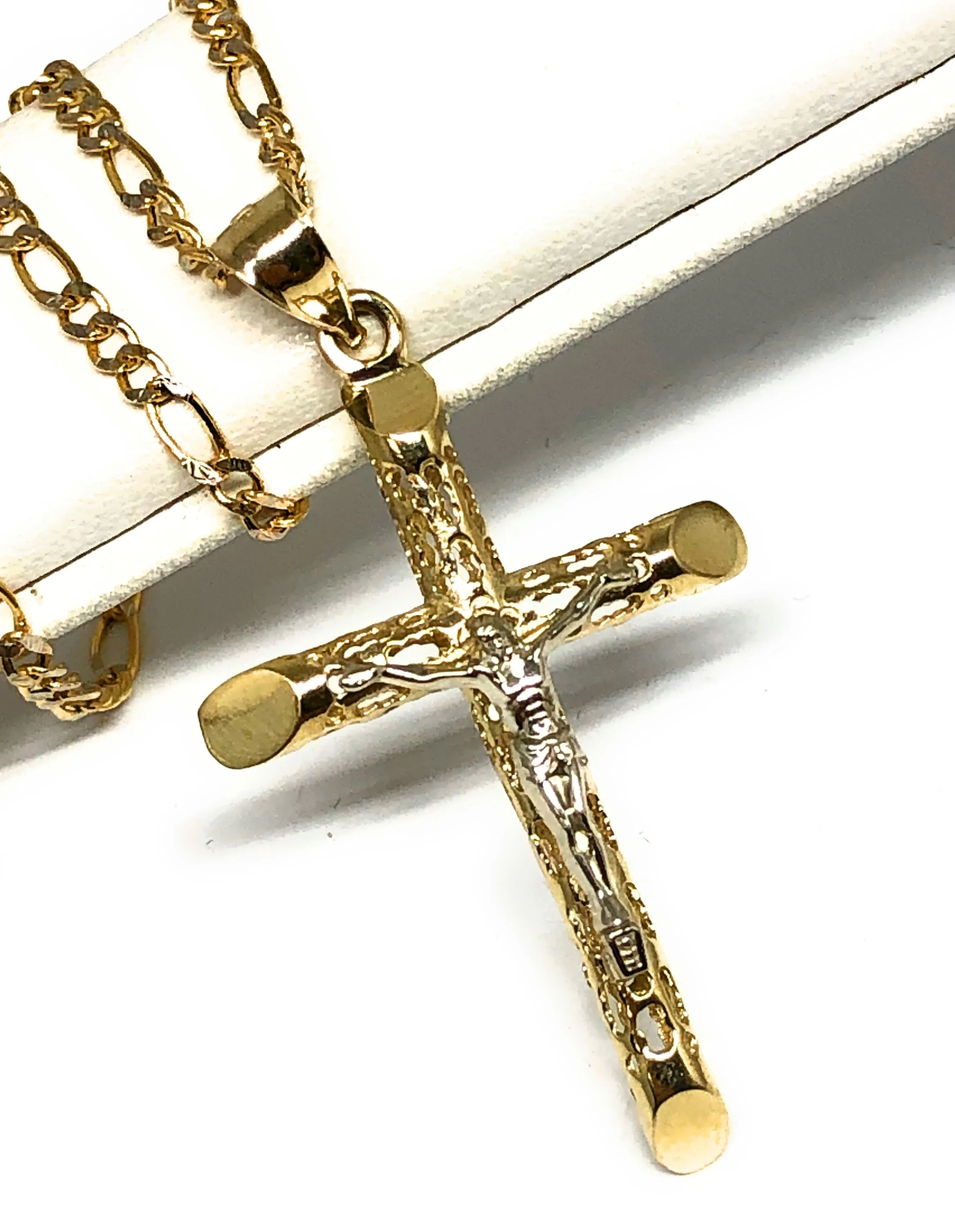 10k Solid Gold Yellow 2-Tone Jesus Cross Crucifix Termite Pendant Necklace (MED,SM)