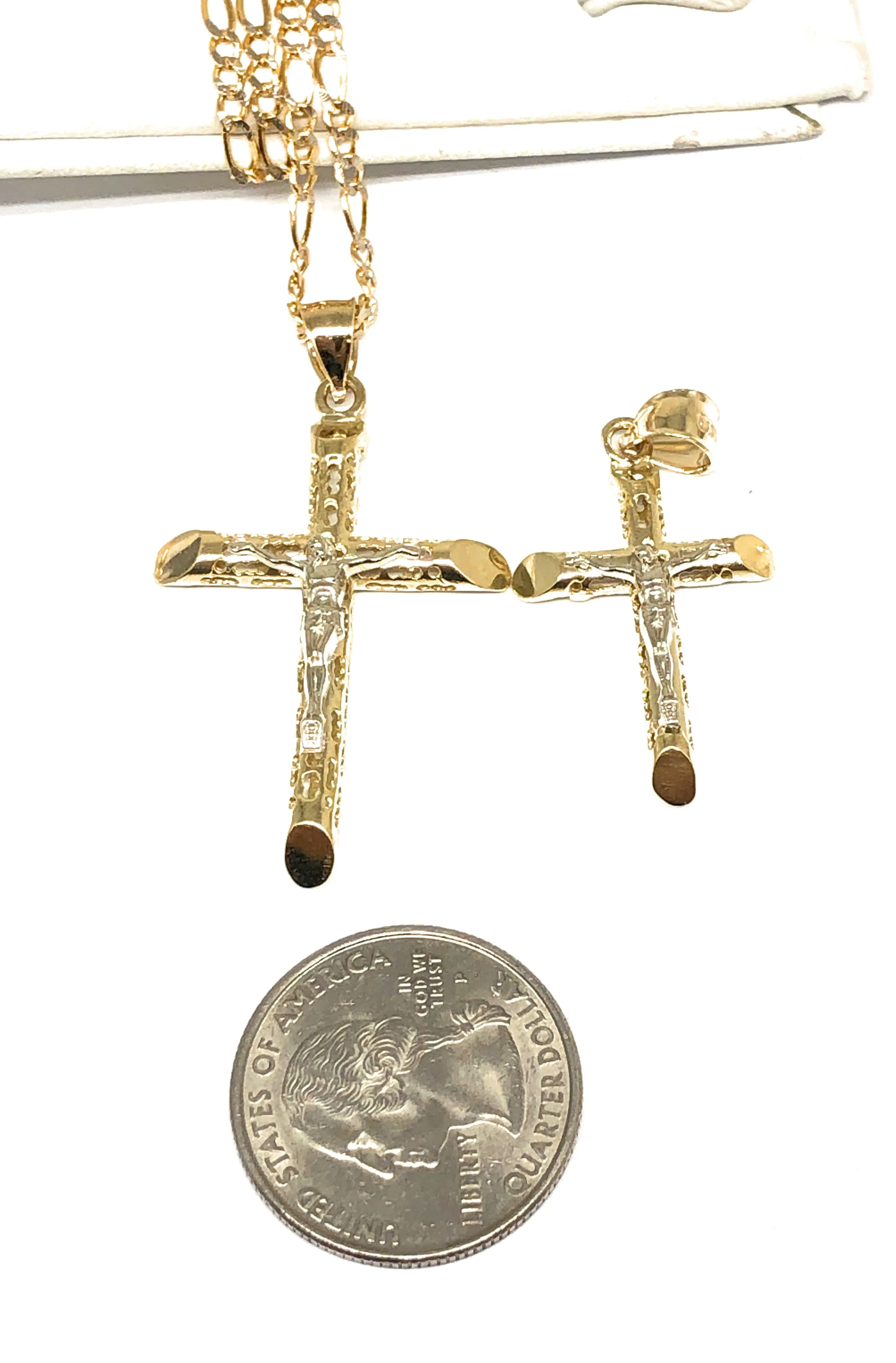 10k Solid Gold Yellow 2-Tone Jesus Cross Crucifix Termite Pendant Necklace (MED,SM)