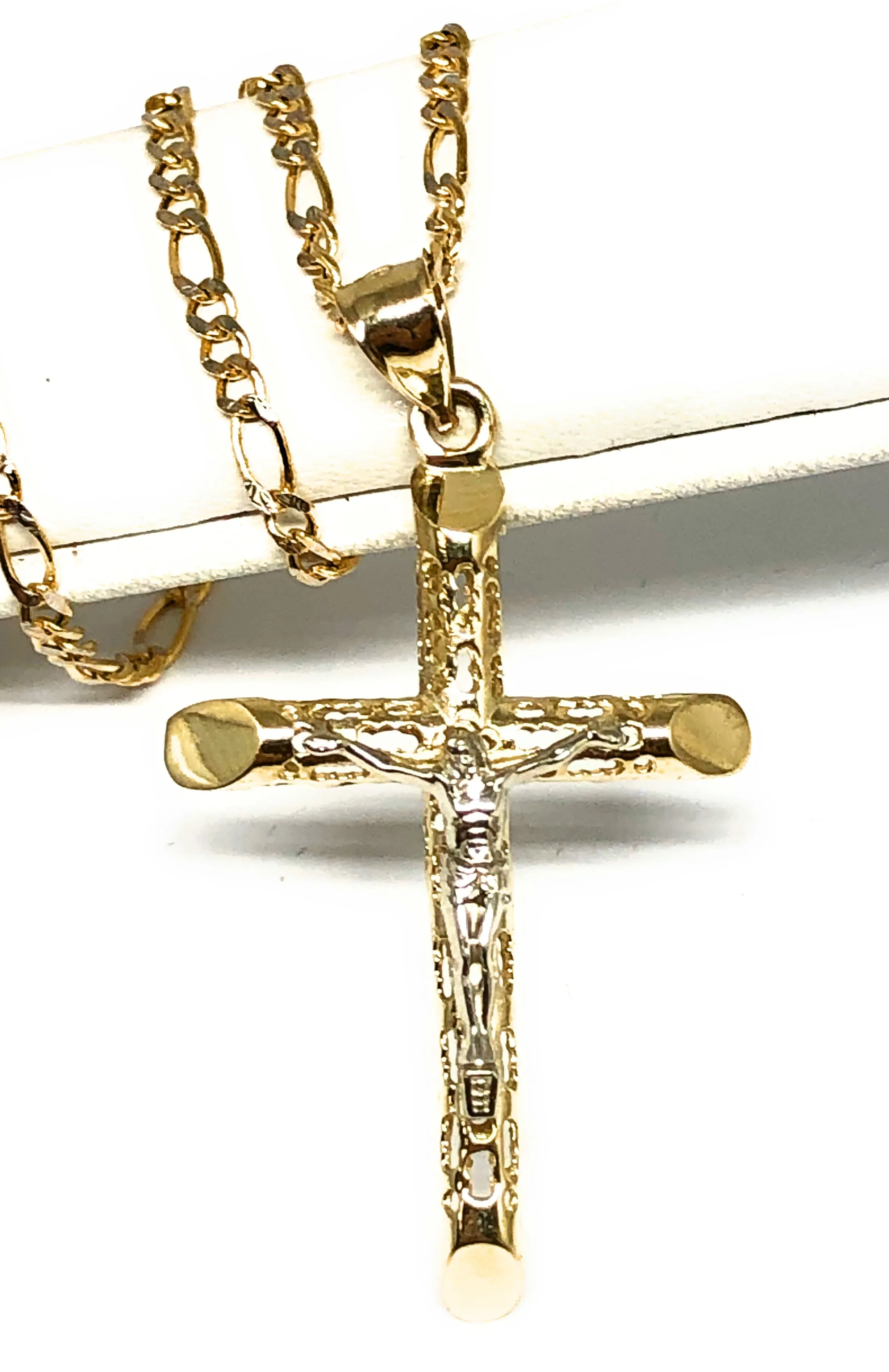 10k Solid Gold Yellow 2-Tone Jesus Cross Crucifix Termite Pendant Necklace (MED,SM)