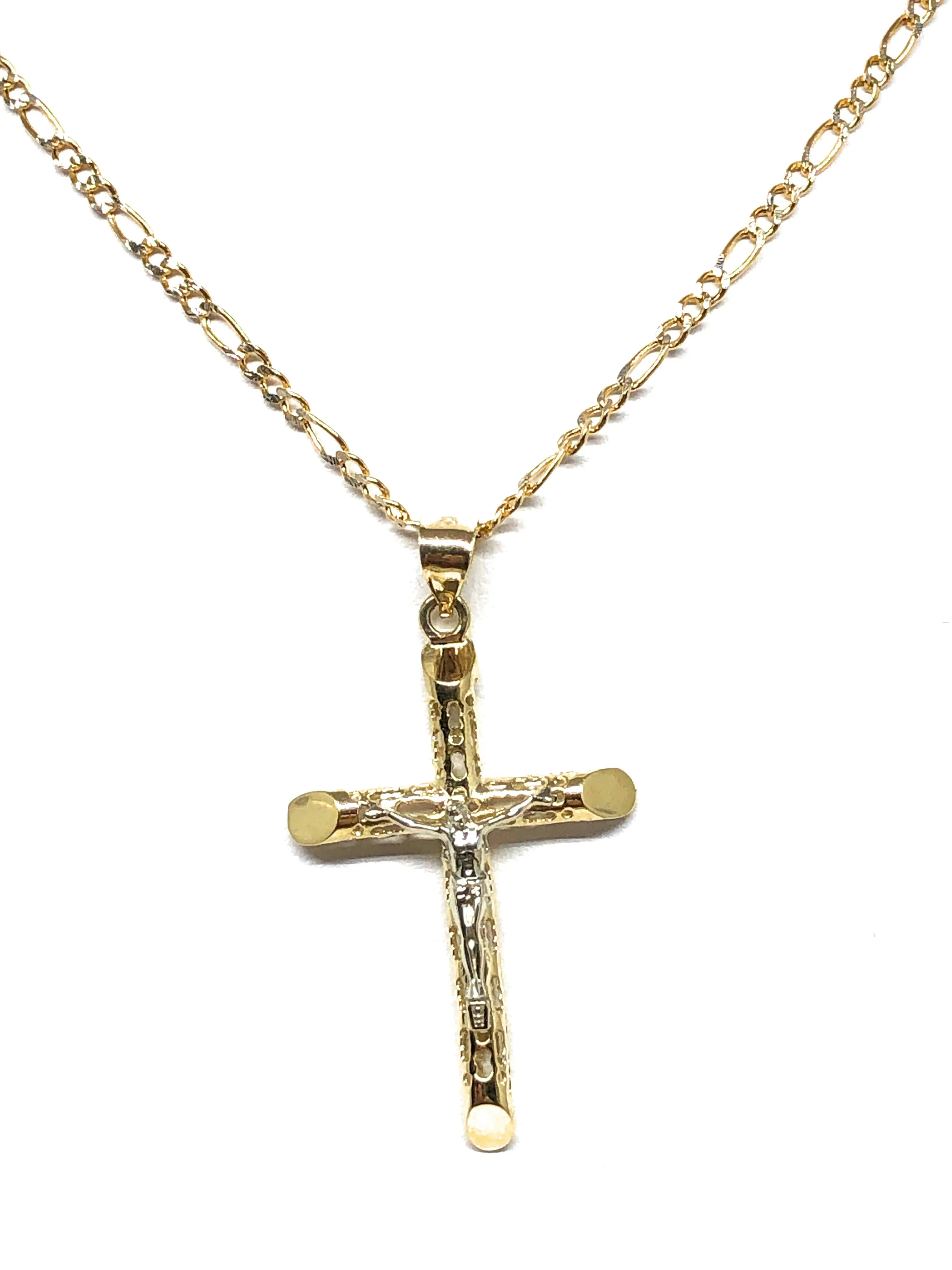 10k Solid Gold Yellow 2-Tone Jesus Cross Crucifix Termite Pendant Necklace (MED,SM)