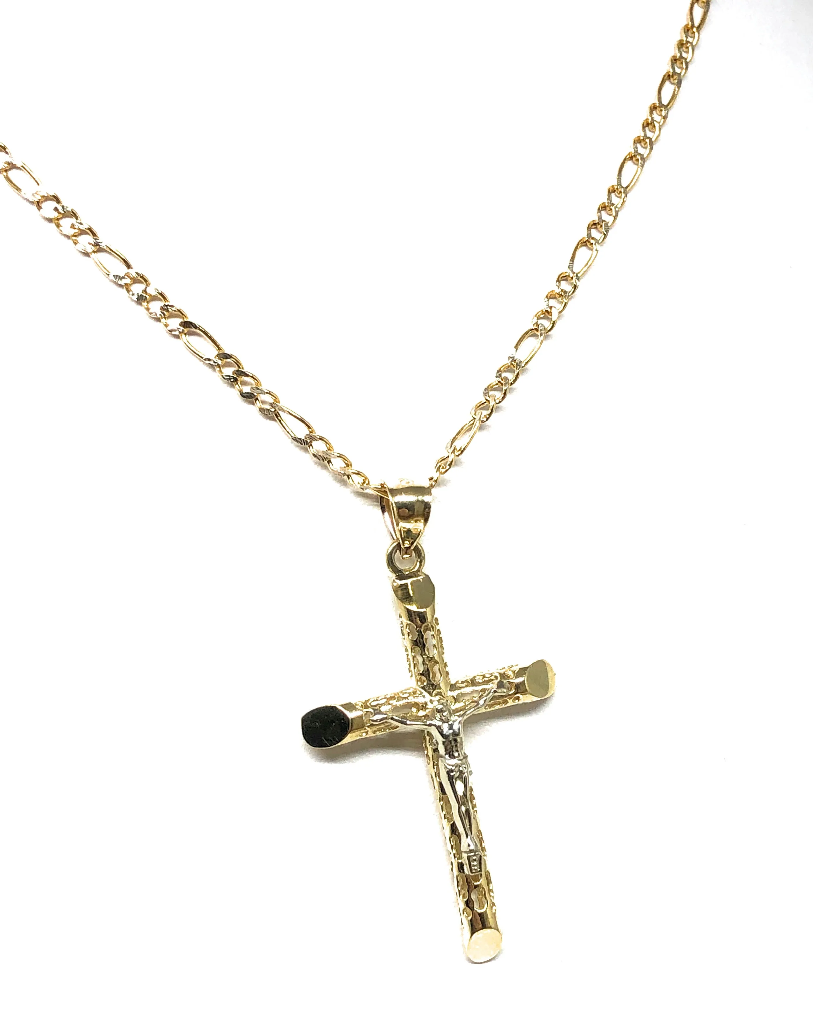 10k Solid Gold Yellow 2-Tone Jesus Cross Crucifix Termite Pendant Necklace (MED,SM)