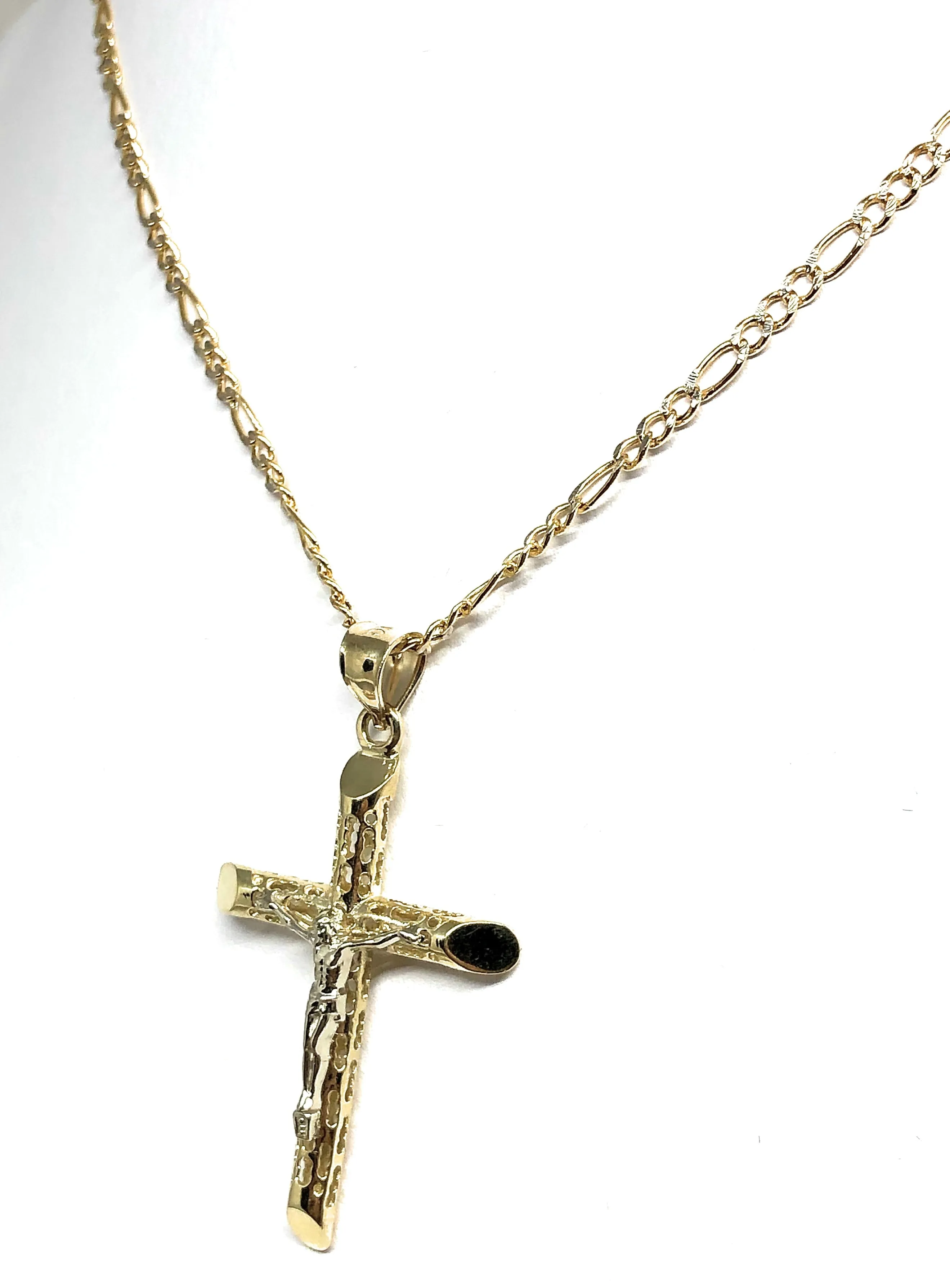 10k Solid Gold Yellow 2-Tone Jesus Cross Crucifix Termite Pendant Necklace (MED,SM)