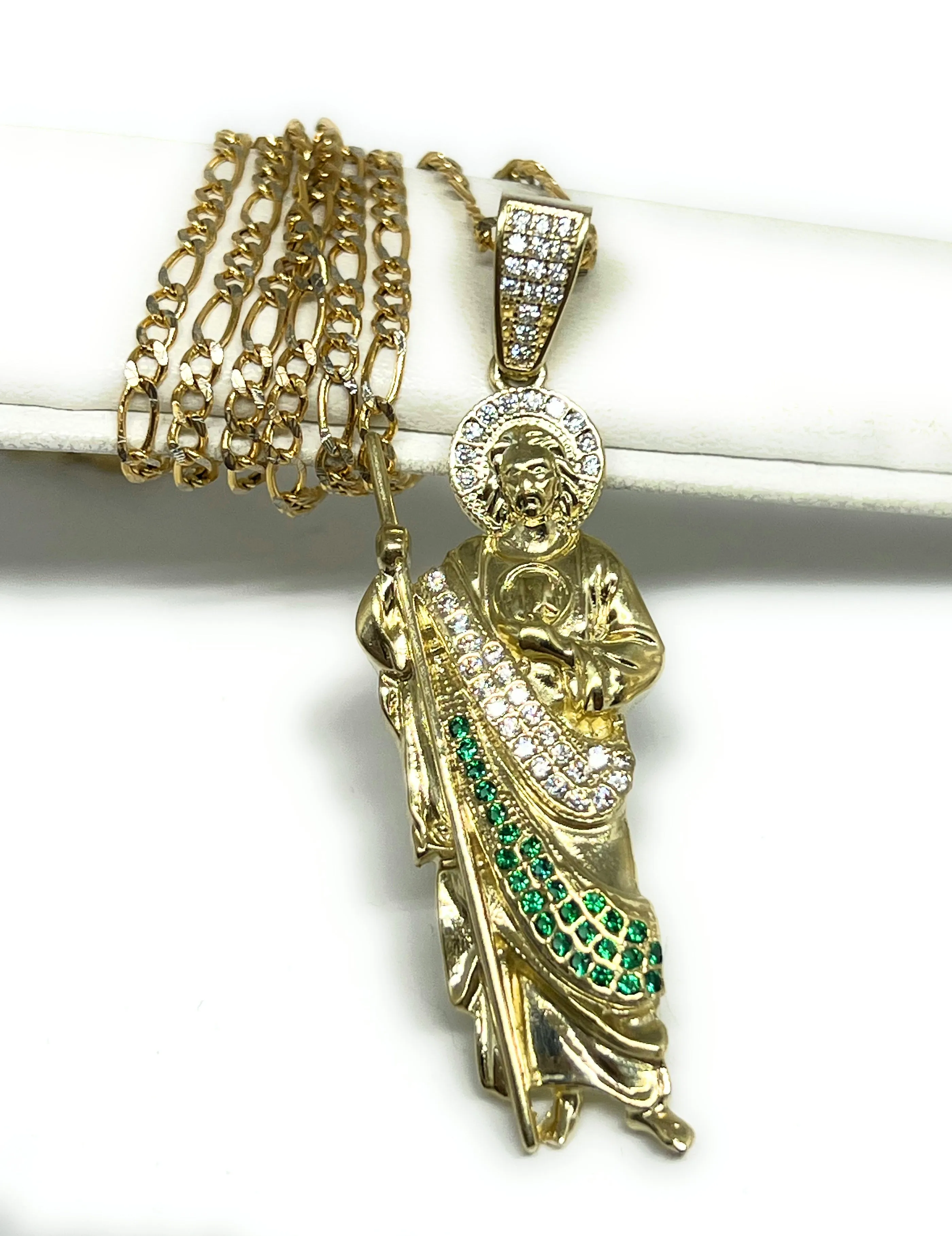 10k Solid Gold Yellow Green, White CZ Saan Judas Saaint Jude Pendant Figaro Chain  (LG,MED,SM)