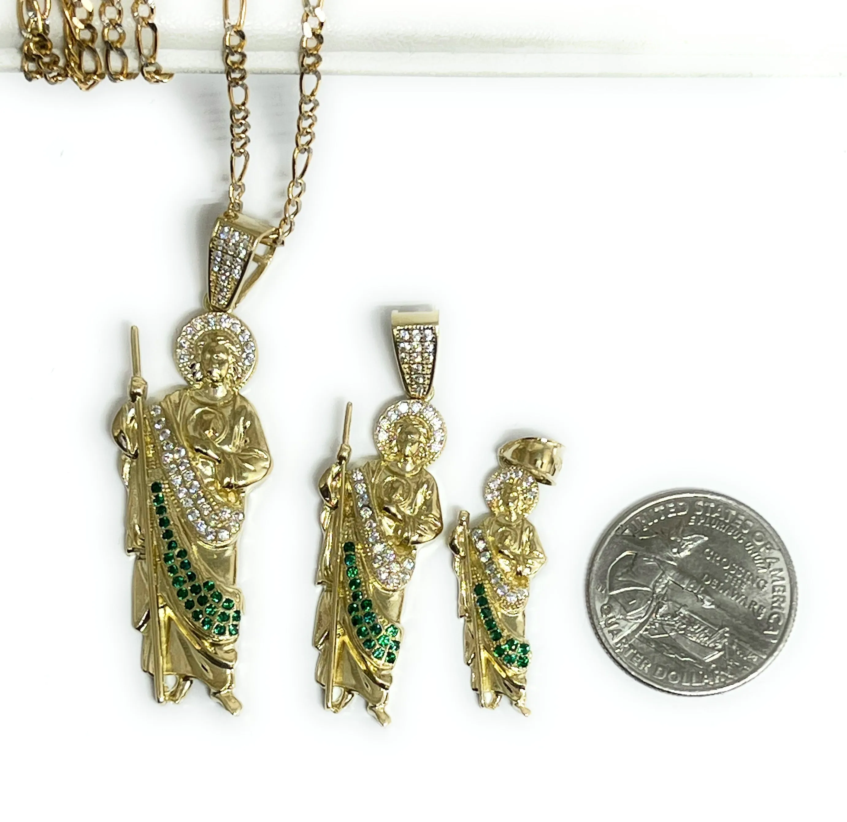 10k Solid Gold Yellow Green, White CZ Saan Judas Saaint Jude Pendant Figaro Chain  (LG,MED,SM)