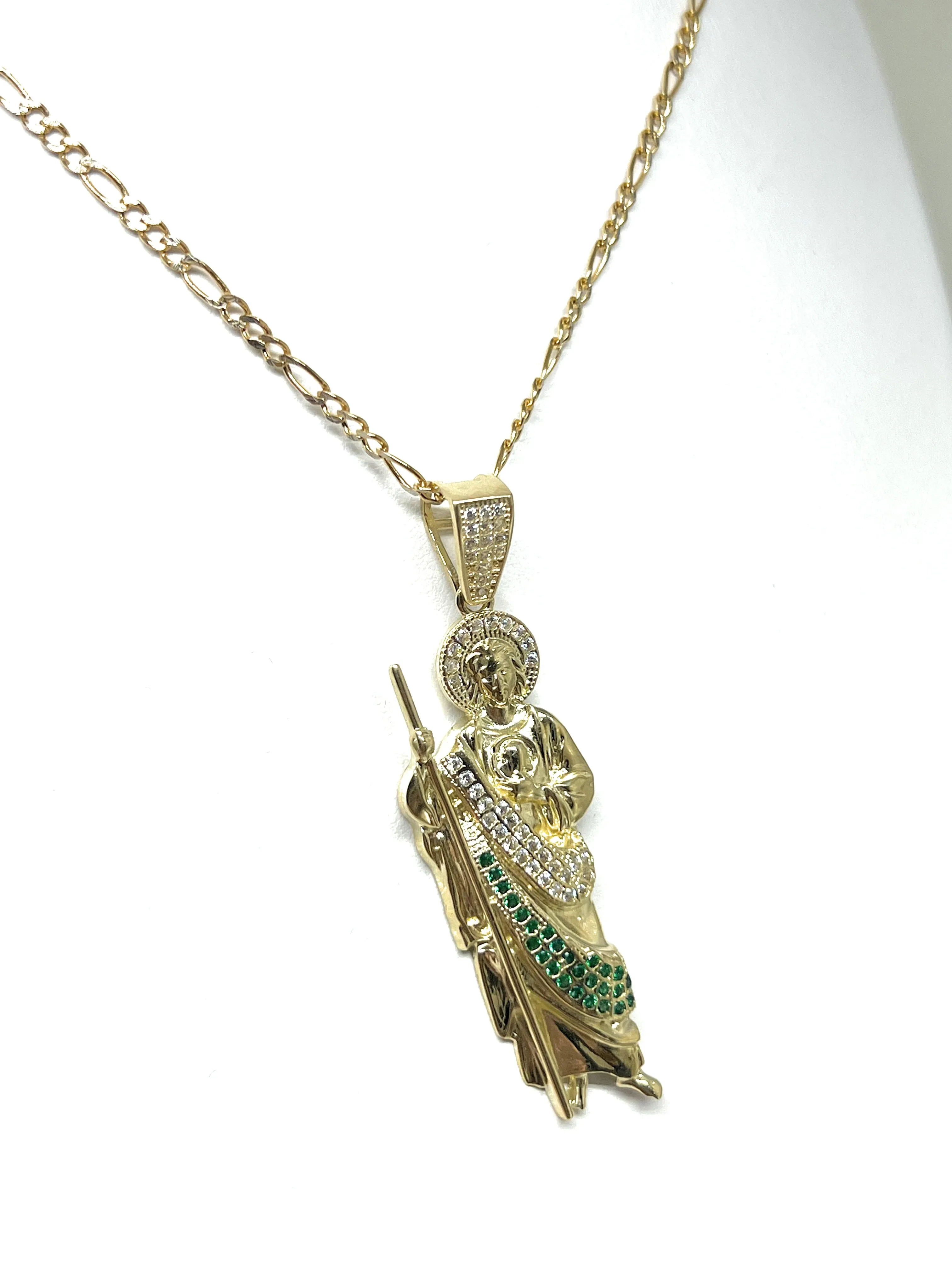 10k Solid Gold Yellow Green, White CZ Saan Judas Saaint Jude Pendant Figaro Chain  (LG,MED,SM)