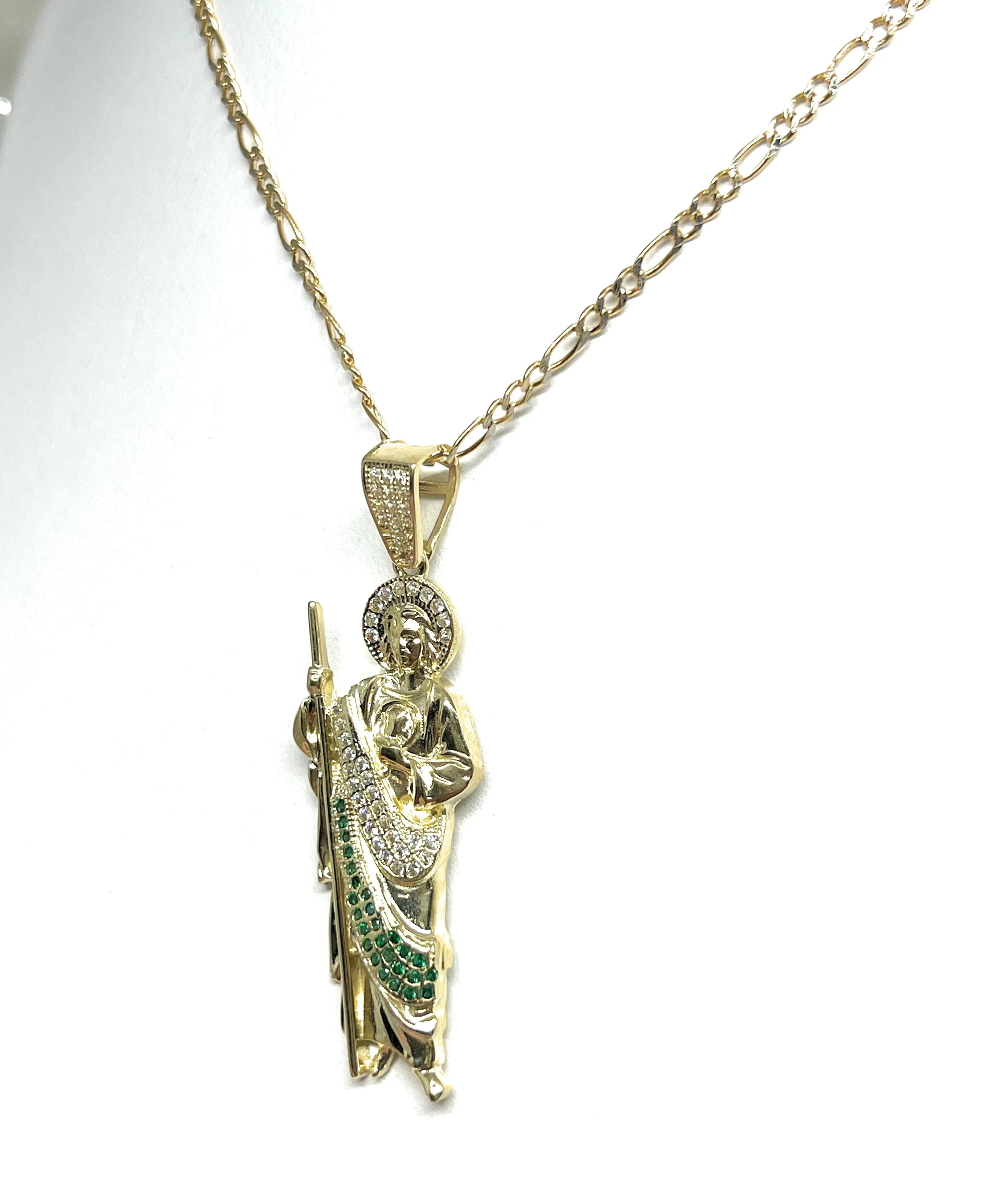 10k Solid Gold Yellow Green, White CZ Saan Judas Saaint Jude Pendant Figaro Chain  (LG,MED,SM)