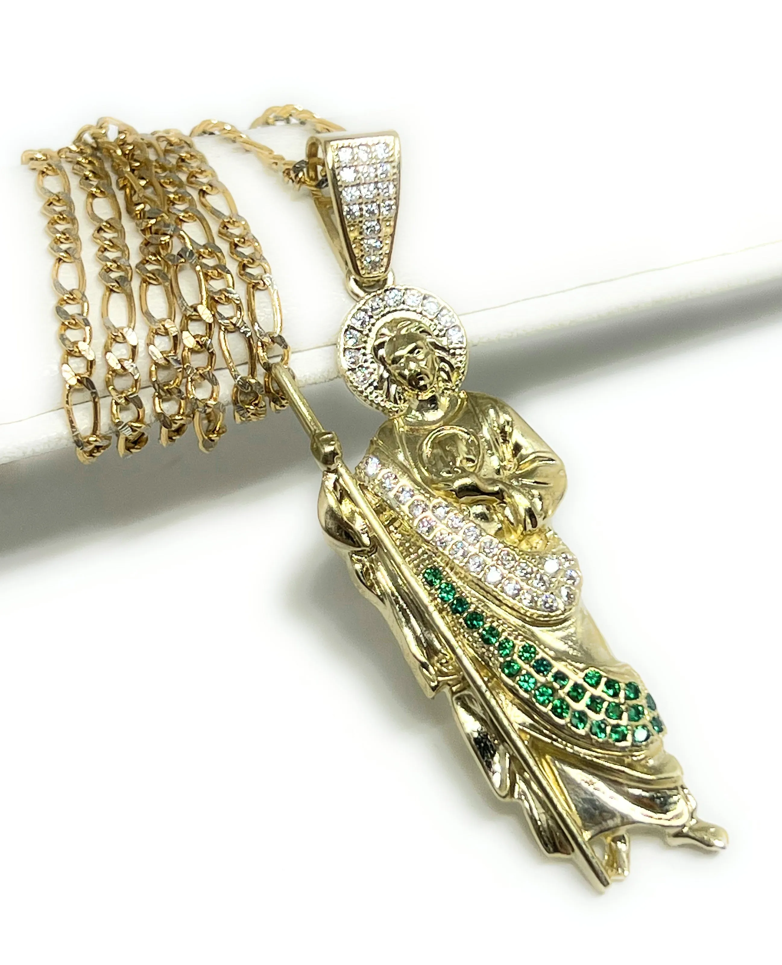 10k Solid Gold Yellow Green, White CZ Saan Judas Saaint Jude Pendant Figaro Chain  (LG,MED,SM)