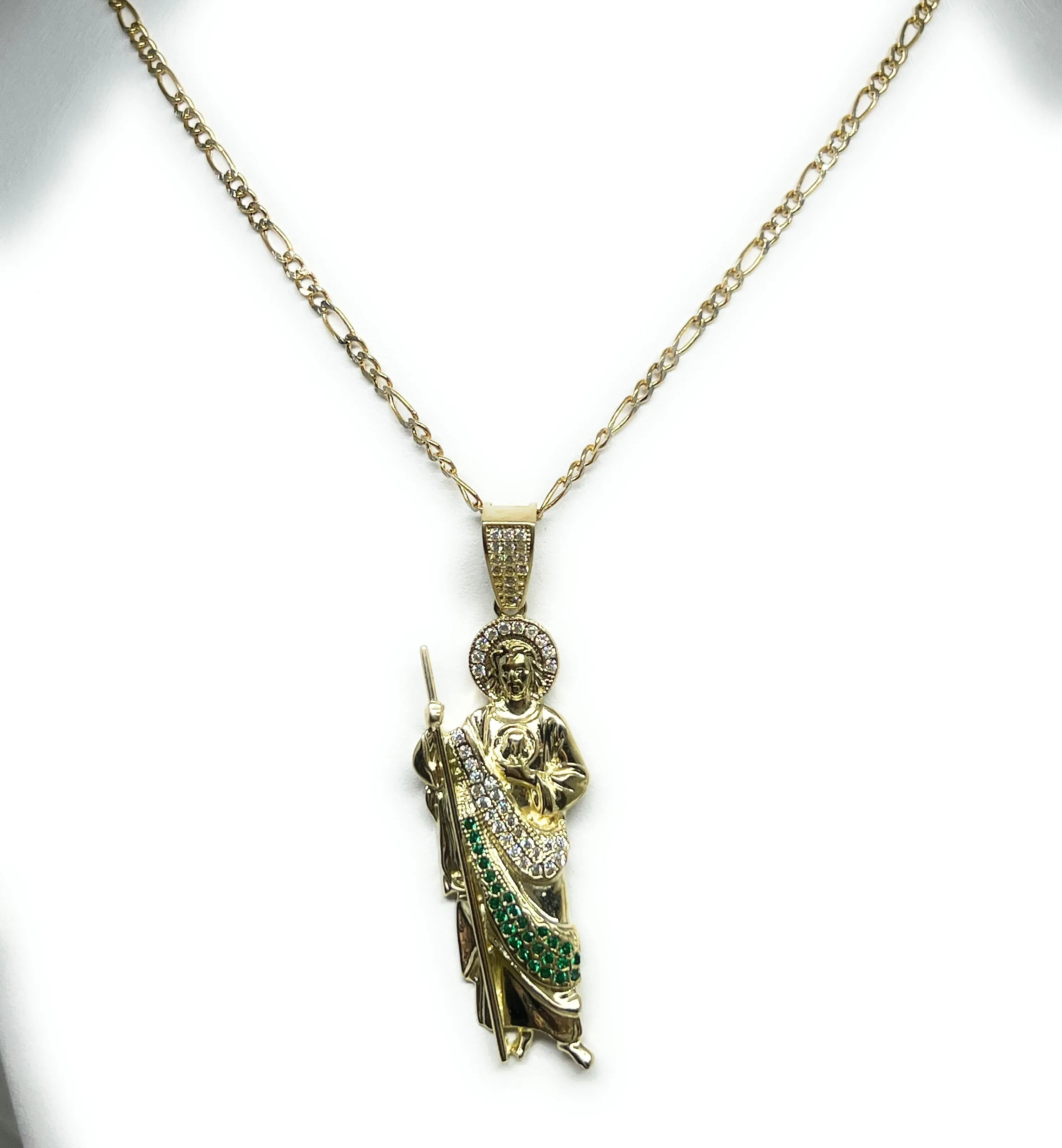 10k Solid Gold Yellow Green, White CZ Saan Judas Saaint Jude Pendant Figaro Chain  (LG,MED,SM)