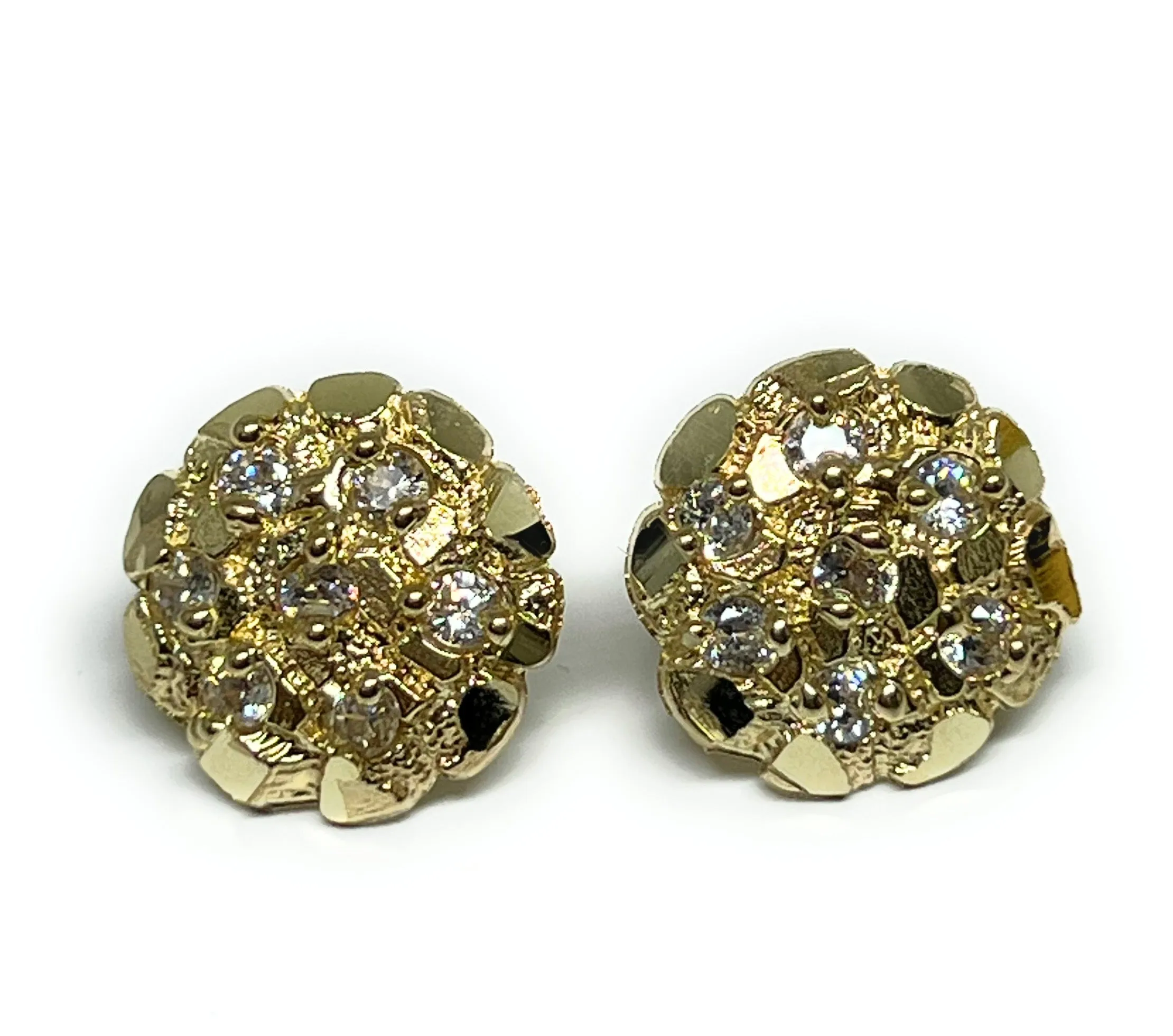 10k Solid Gold Yellow Nugget Cluster CZ Stud Earrings (SM,MED)