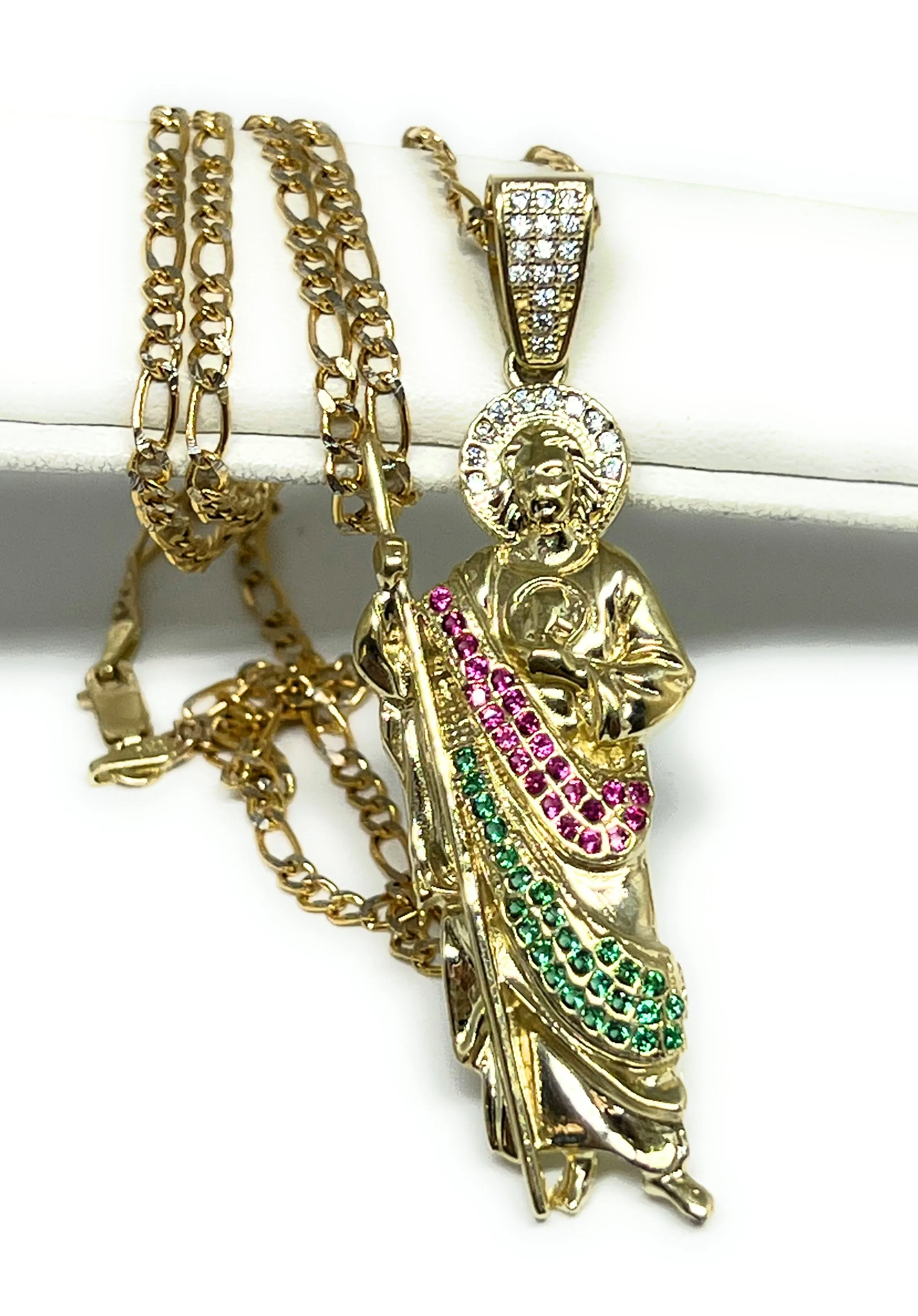 10k Solid Gold Yellow RED, GREEN, WHITE CZ Saan Judas Saaint Jude Pendant Figaro Chain  (LG,MED,SM)