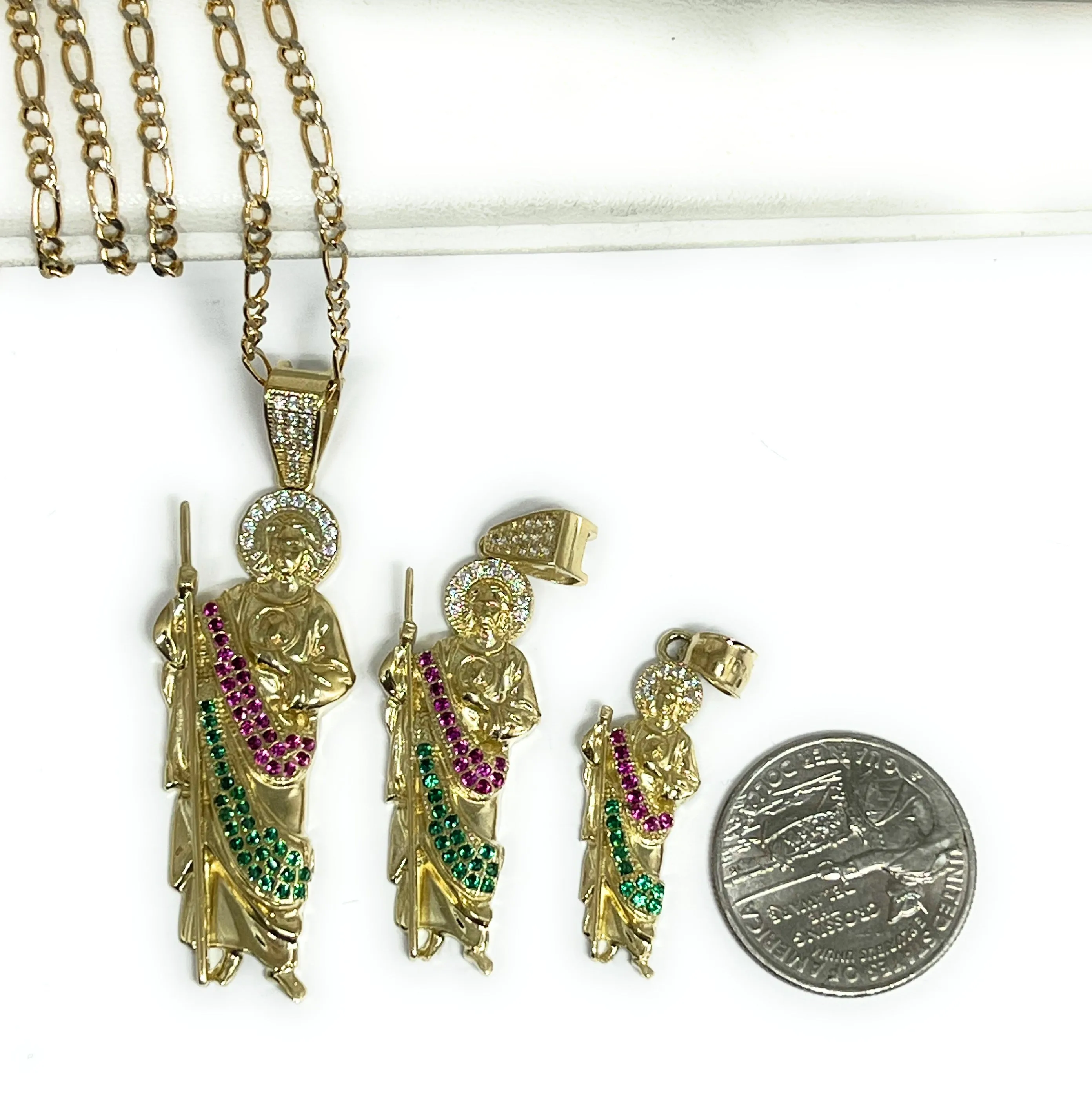 10k Solid Gold Yellow RED, GREEN, WHITE CZ Saan Judas Saaint Jude Pendant Figaro Chain  (LG,MED,SM)