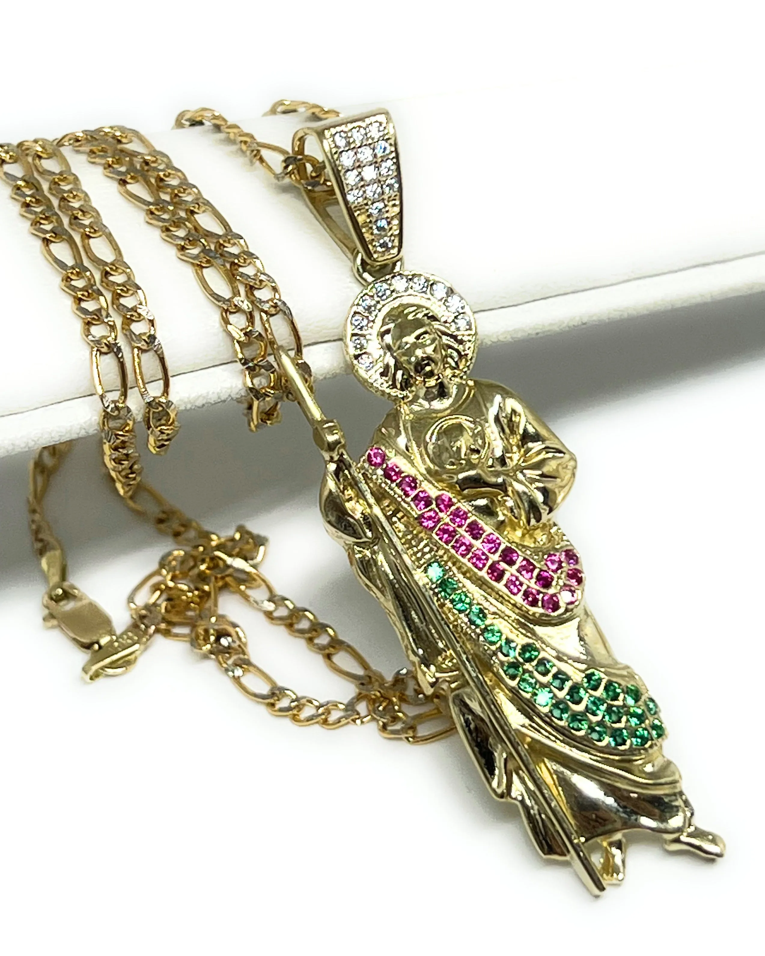 10k Solid Gold Yellow RED, GREEN, WHITE CZ Saan Judas Saaint Jude Pendant Figaro Chain  (LG,MED,SM)