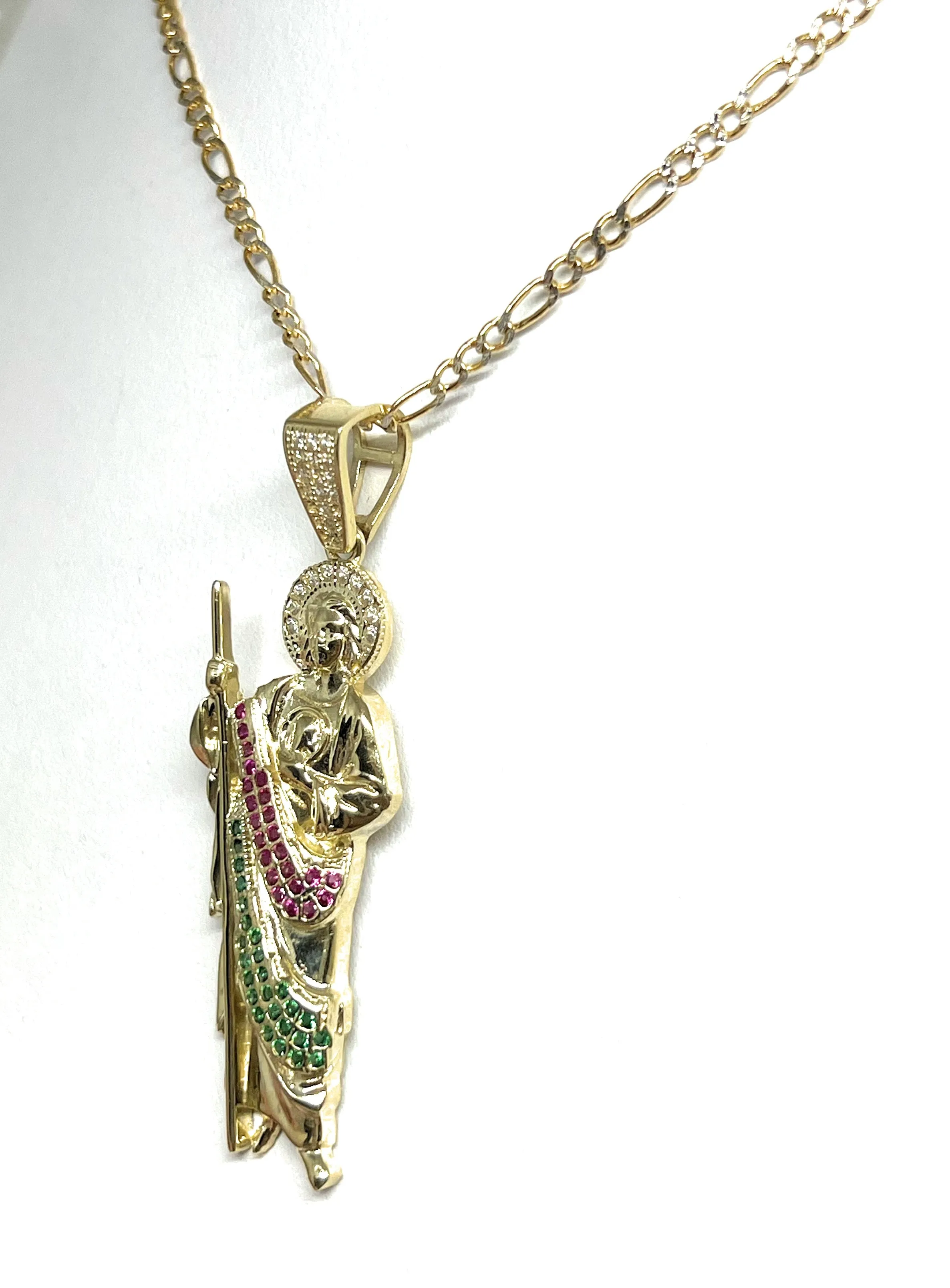 10k Solid Gold Yellow RED, GREEN, WHITE CZ Saan Judas Saaint Jude Pendant Figaro Chain  (LG,MED,SM)