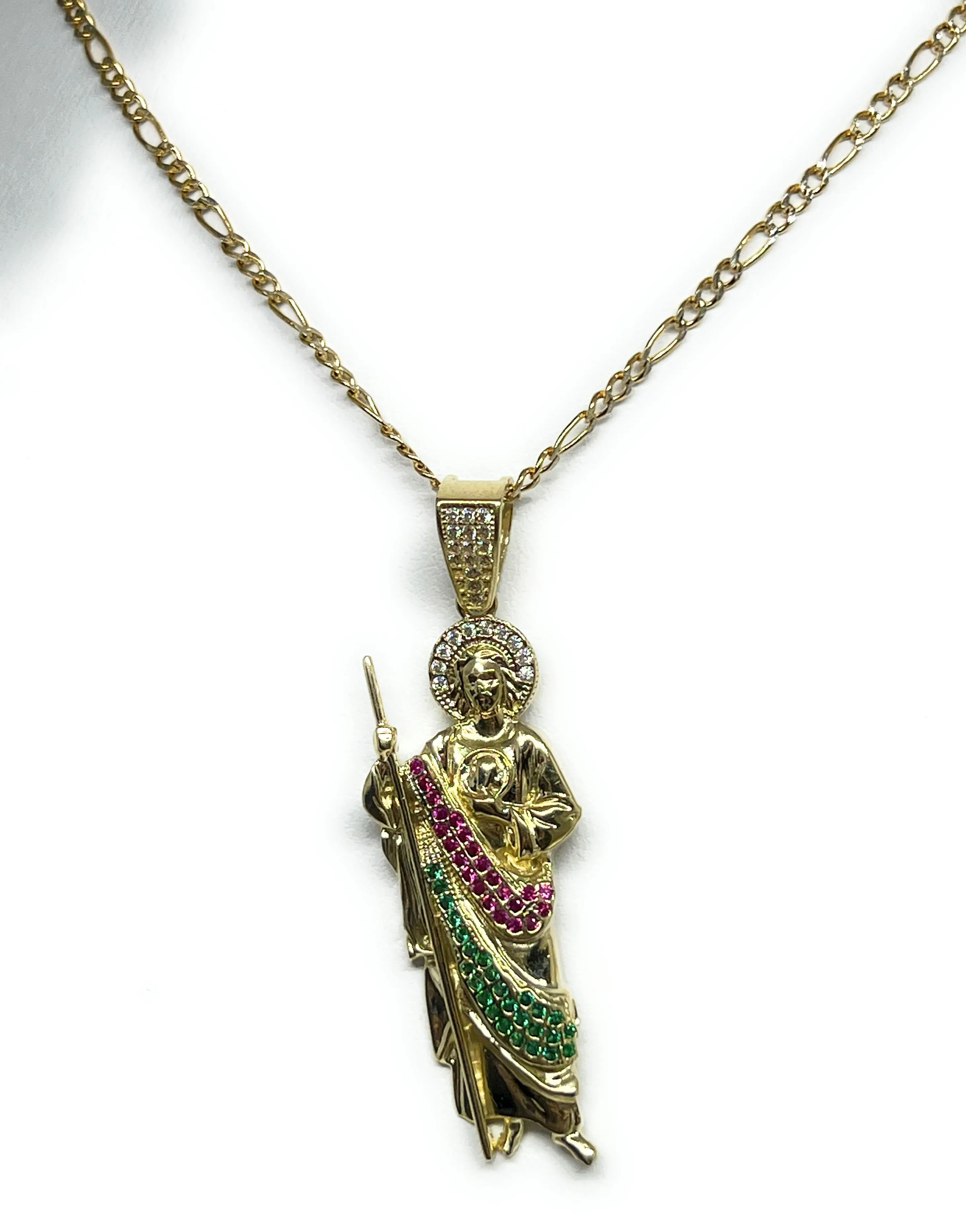 10k Solid Gold Yellow RED, GREEN, WHITE CZ Saan Judas Saaint Jude Pendant Figaro Chain  (LG,MED,SM)