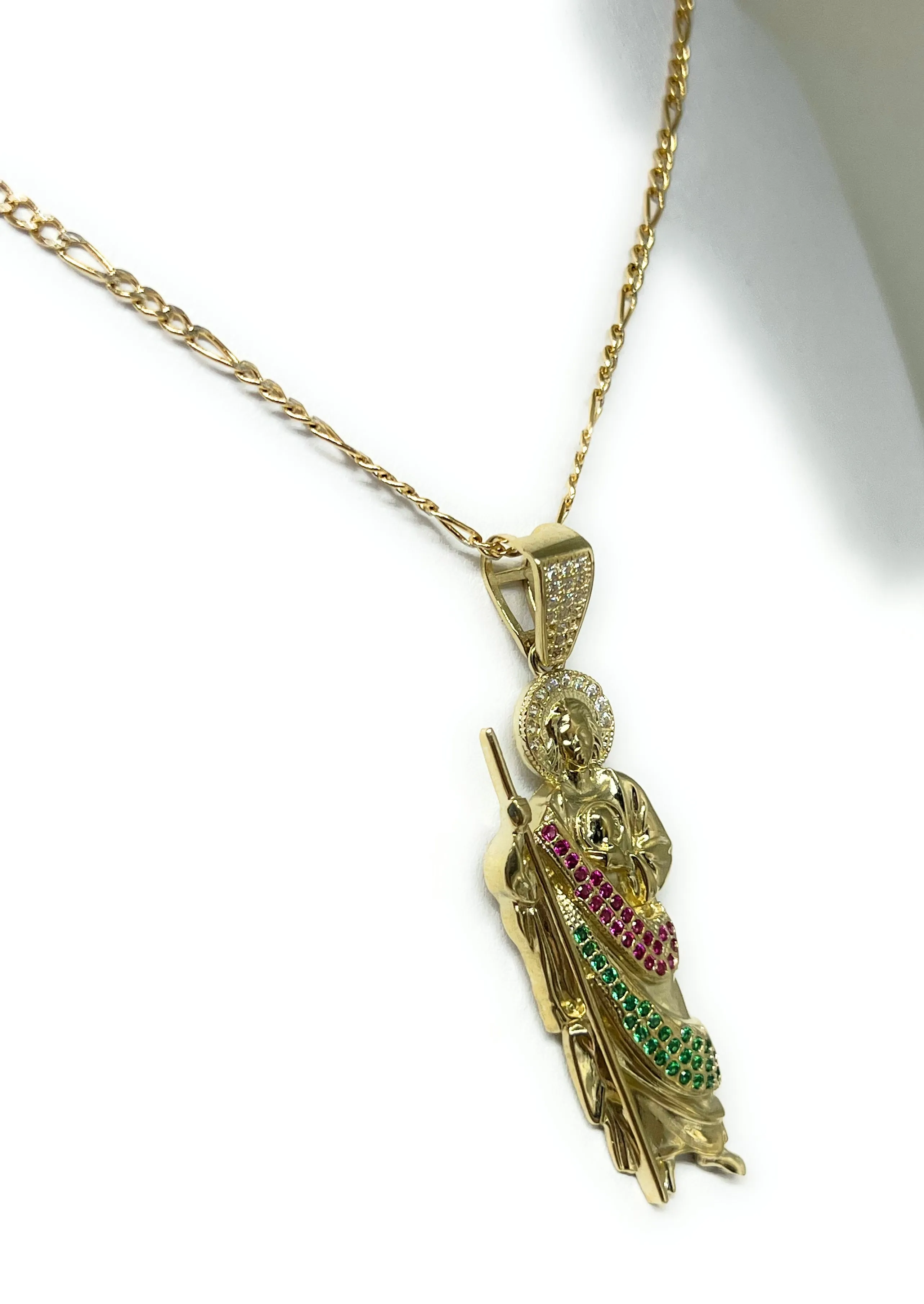 10k Solid Gold Yellow RED, GREEN, WHITE CZ Saan Judas Saaint Jude Pendant Figaro Chain  (LG,MED,SM)