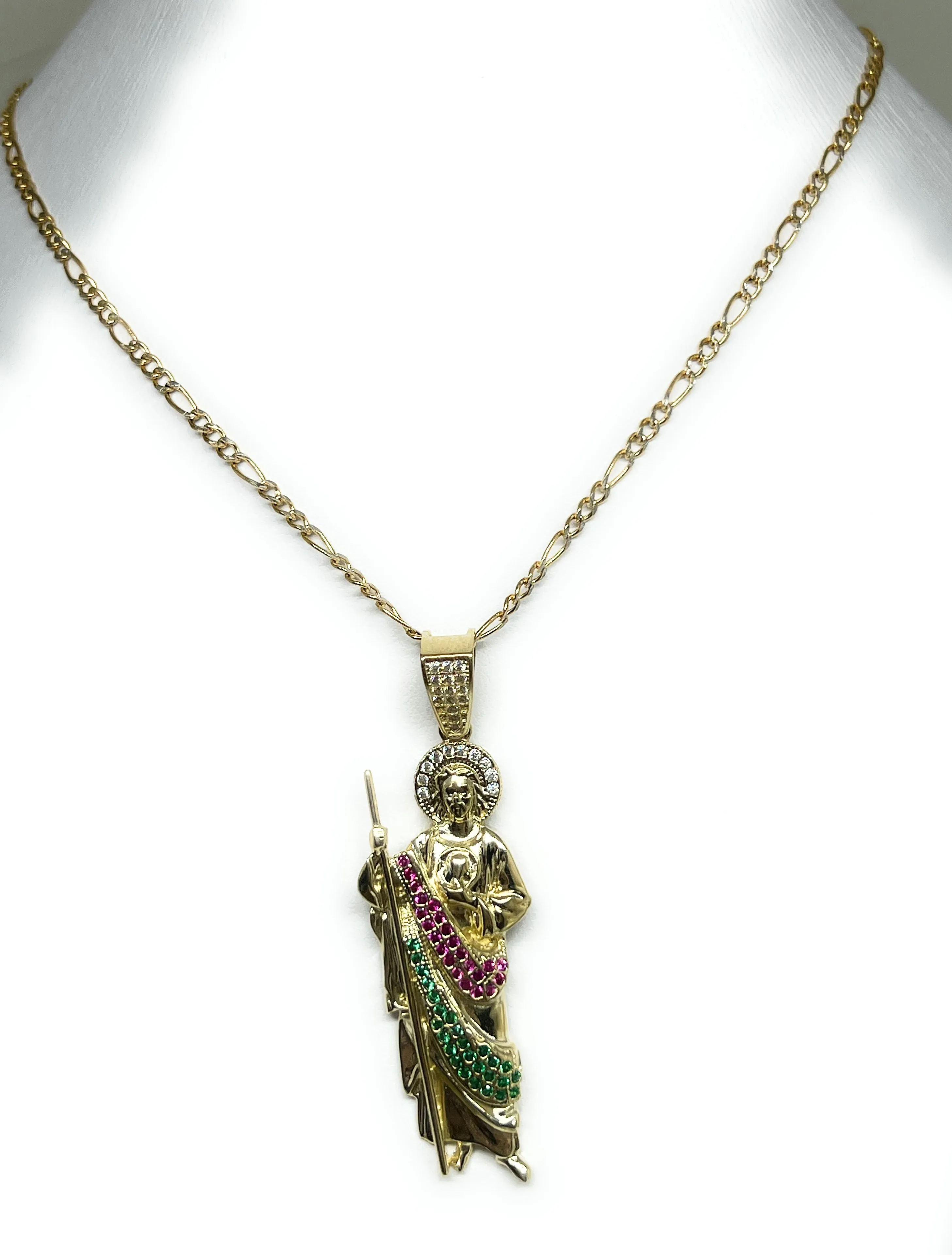 10k Solid Gold Yellow RED, GREEN, WHITE CZ Saan Judas Saaint Jude Pendant Figaro Chain  (LG,MED,SM)